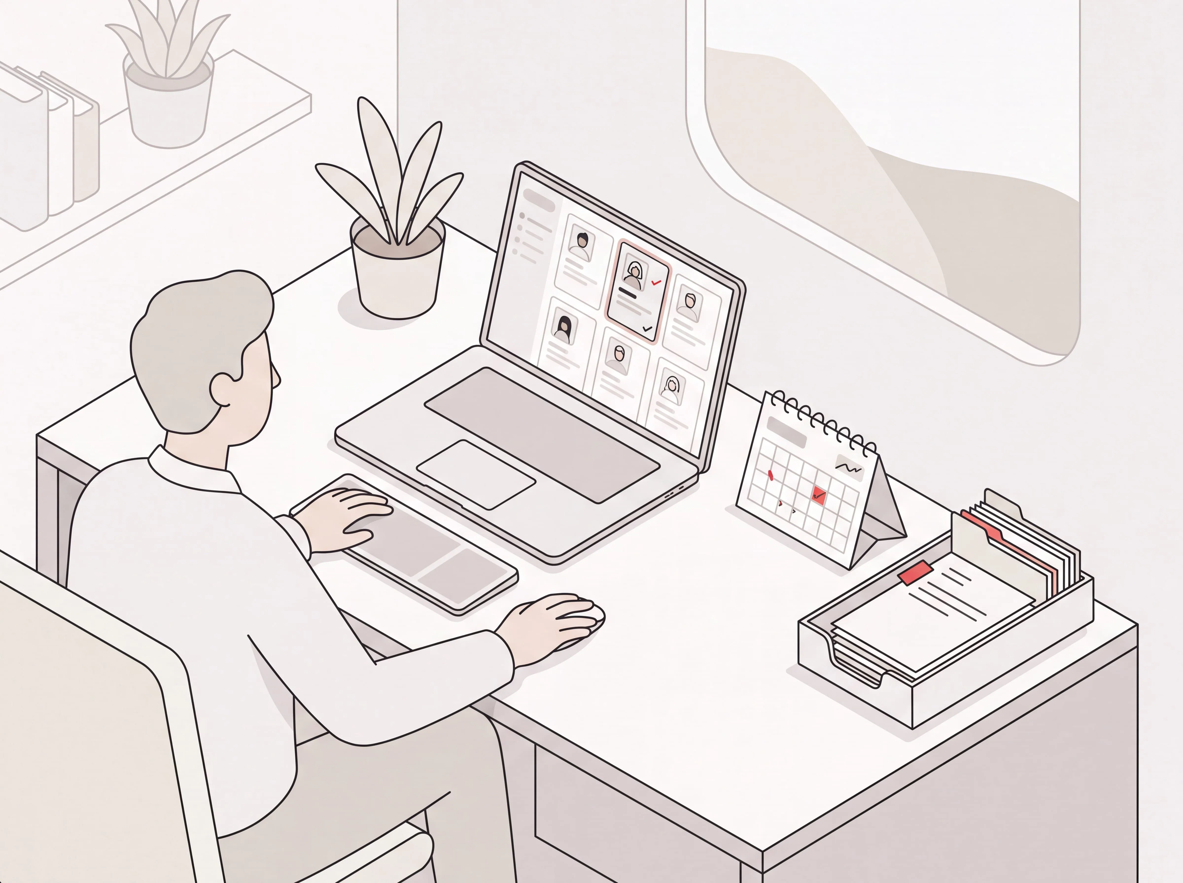 Executive reviewing virtual assistant candidate profiles on a laptop beside a calendar and sorted documents