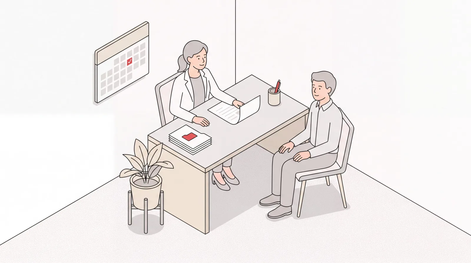Hiring manager interviewing an administrative assistant candidate at a desk beside a wall calendar