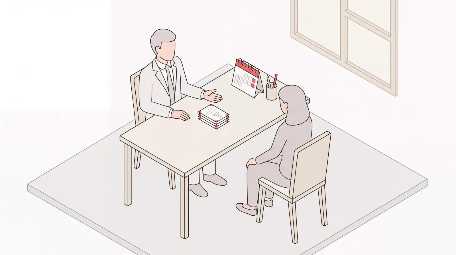 Executive interviewing an executive assistant candidate at a desk with a stack of resumes and a calendar