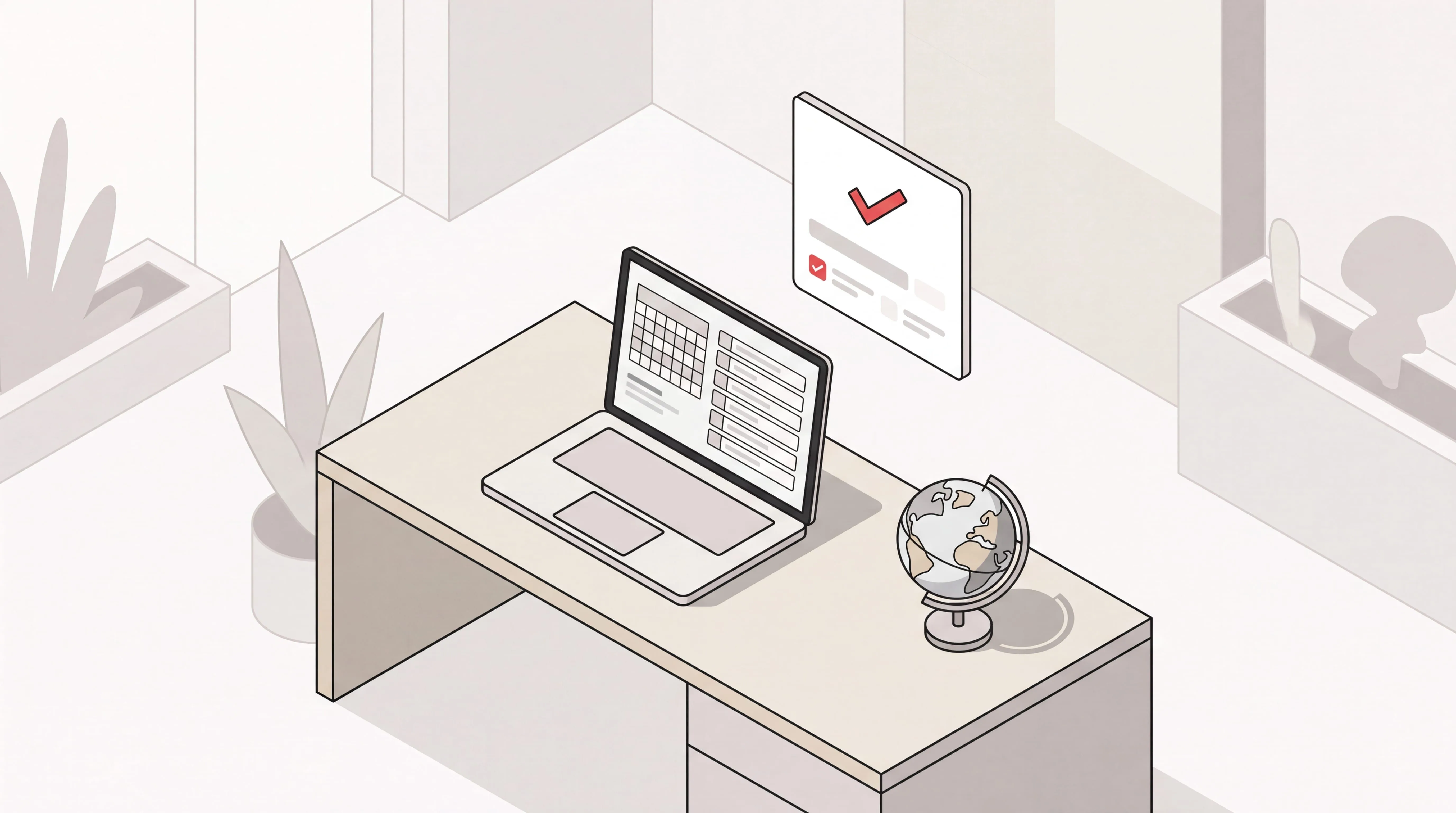 Executive desk with a laptop calendar and inbox beside a globe, showing an offshore virtual assistant handing admin work to an AI assistant