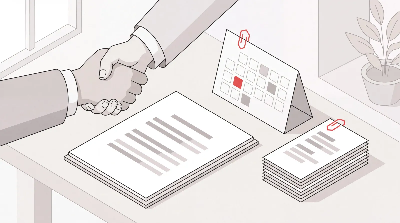 Handshake over a service contract beside a calendar, representing an outsourced executive assistant arrangement