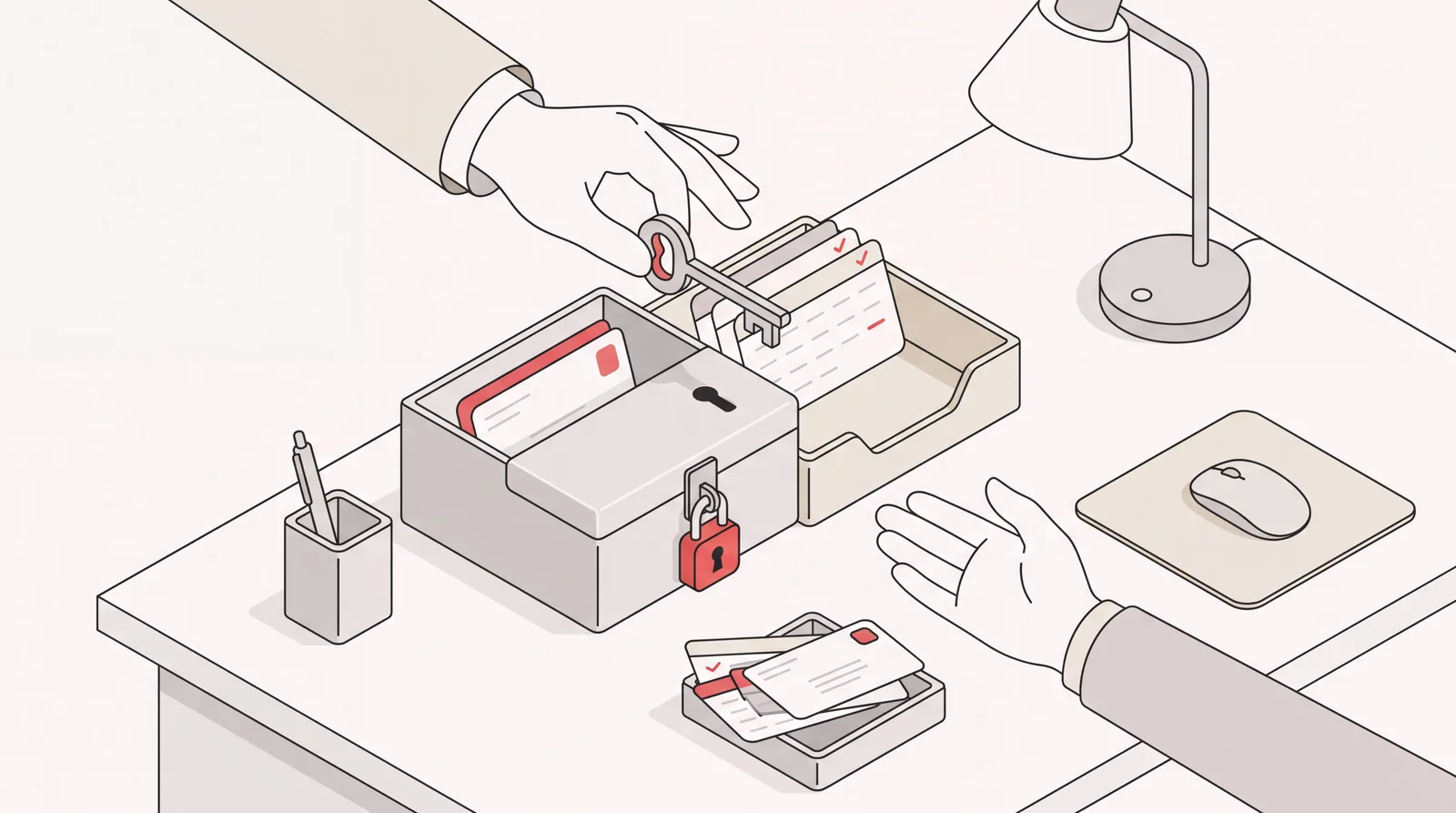 Hand passing a key to a padlocked inbox beside a calendar tray, controlled access for an outsourced personal assistant