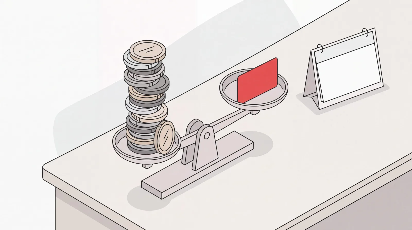 Balance scale weighing a tall stack of coins against a small red assistant card, illustrating personal assistant cost