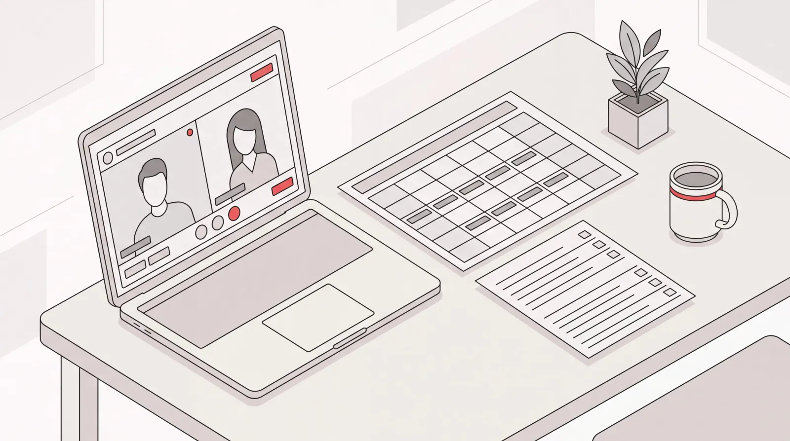 Isometric desk scene with a laptop video call, a calendar, and an organized task list for remote executive assistant work