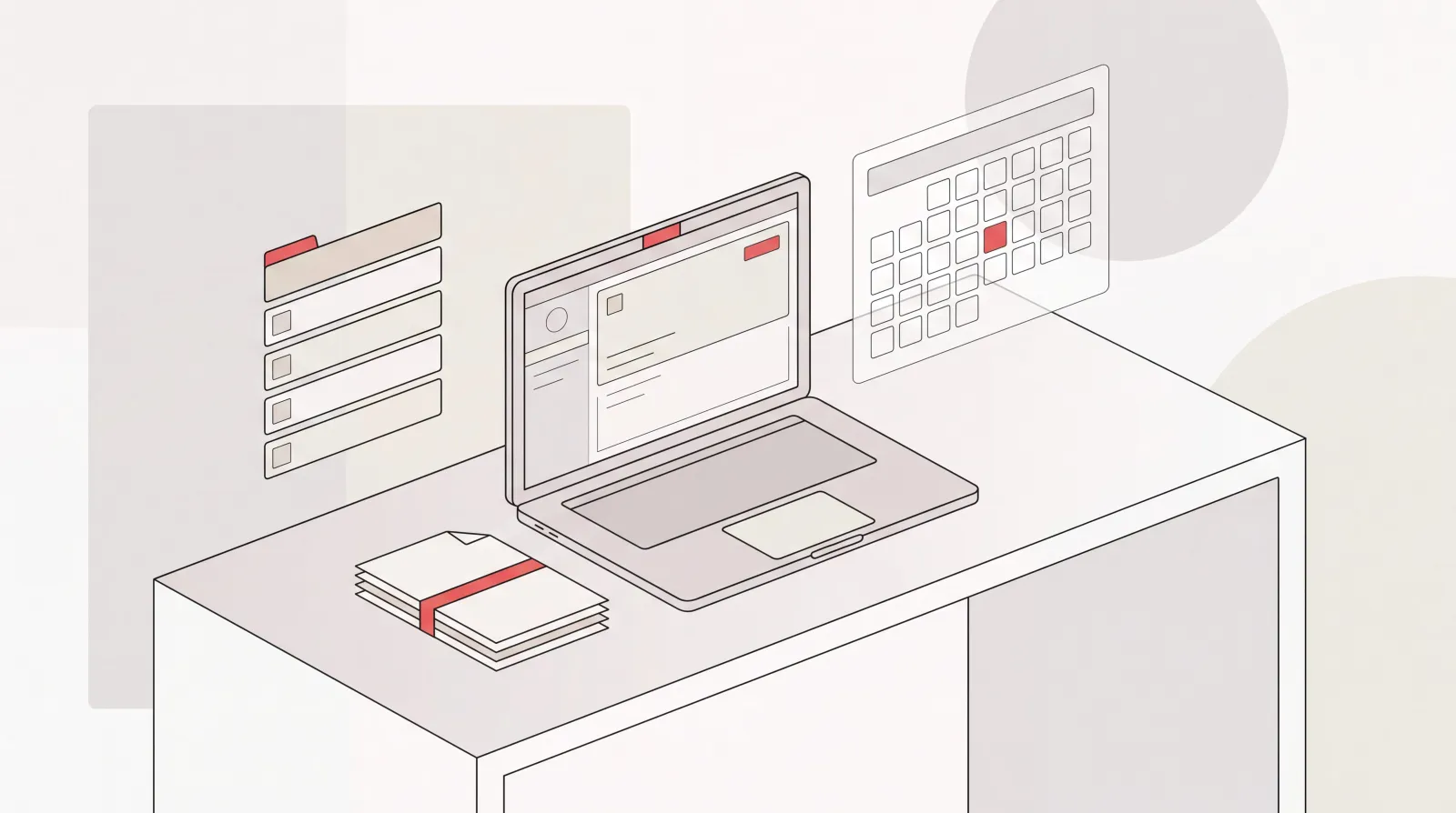 Isometric desk with laptop, floating calendar, and sorted inbox showing virtual administrative assistant work