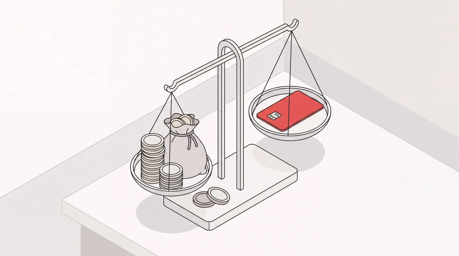 Balance scale weighing stacked coins against one flat-rate card, comparing virtual assistant cost to a monthly plan