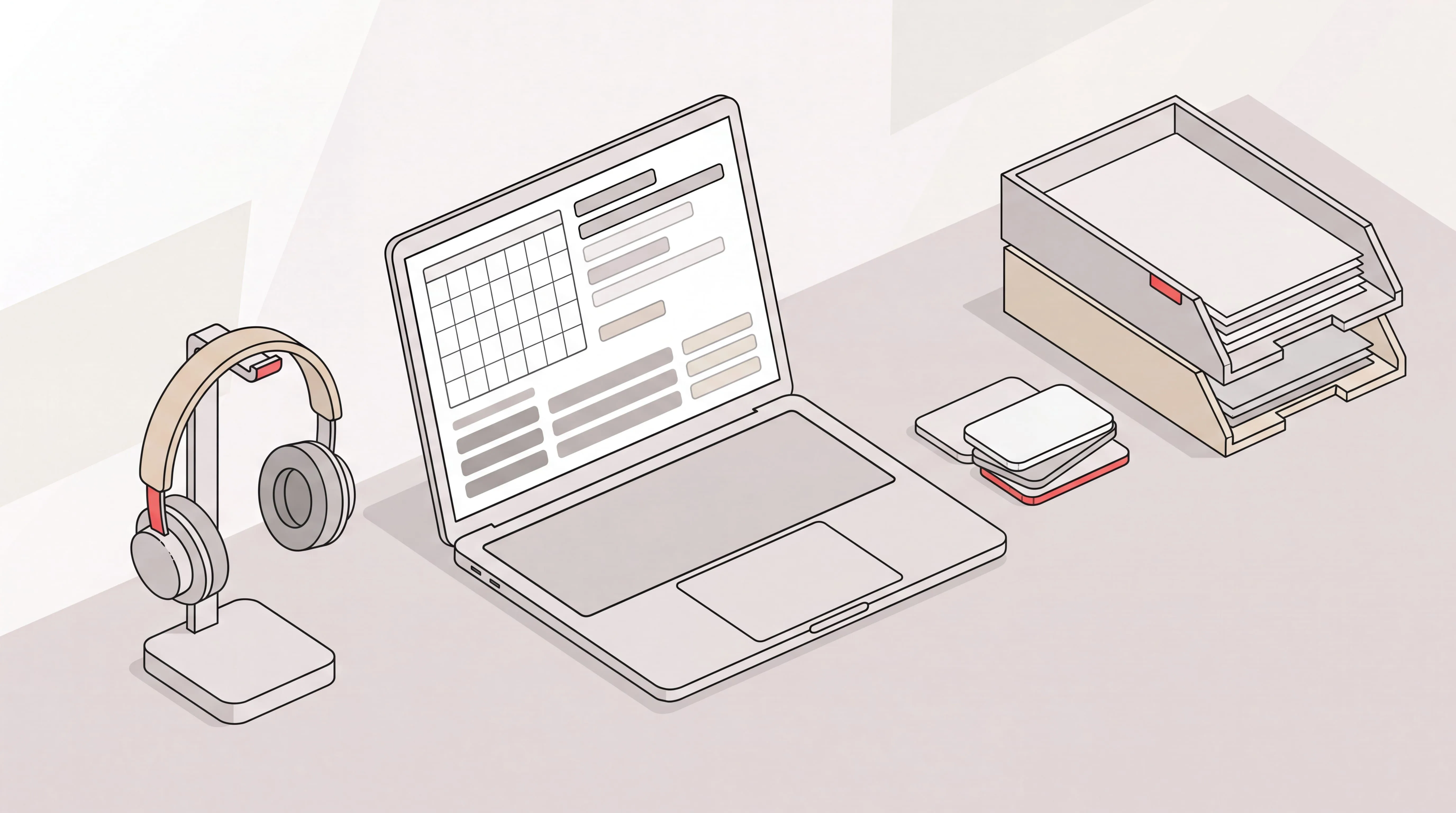 Virtual assistant services desk with a laptop showing a calendar and inbox, a headset, task cards, and document trays