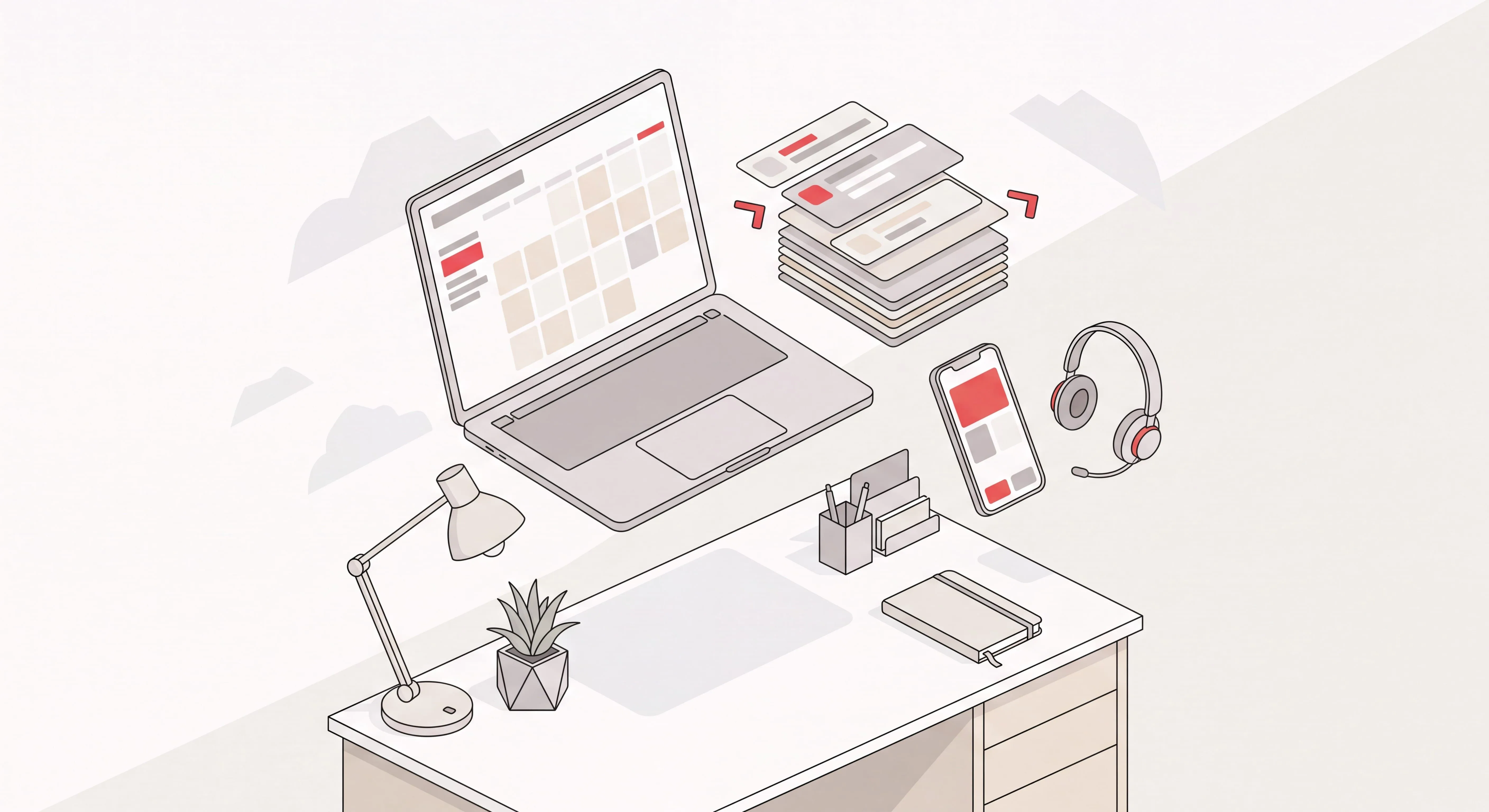 Virtual executive assistant workspace with a calendar, organized inbox, and phone for bookings