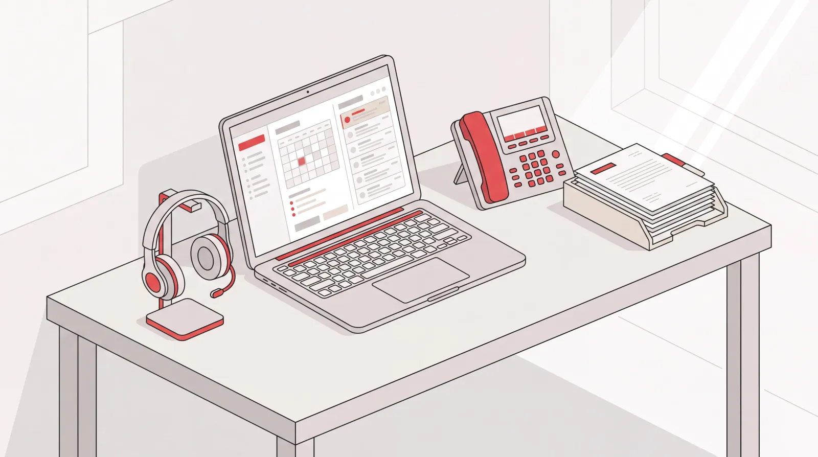 Virtual office assistant desk with a laptop showing a tidy calendar and inbox, headset, phone, and filed documents