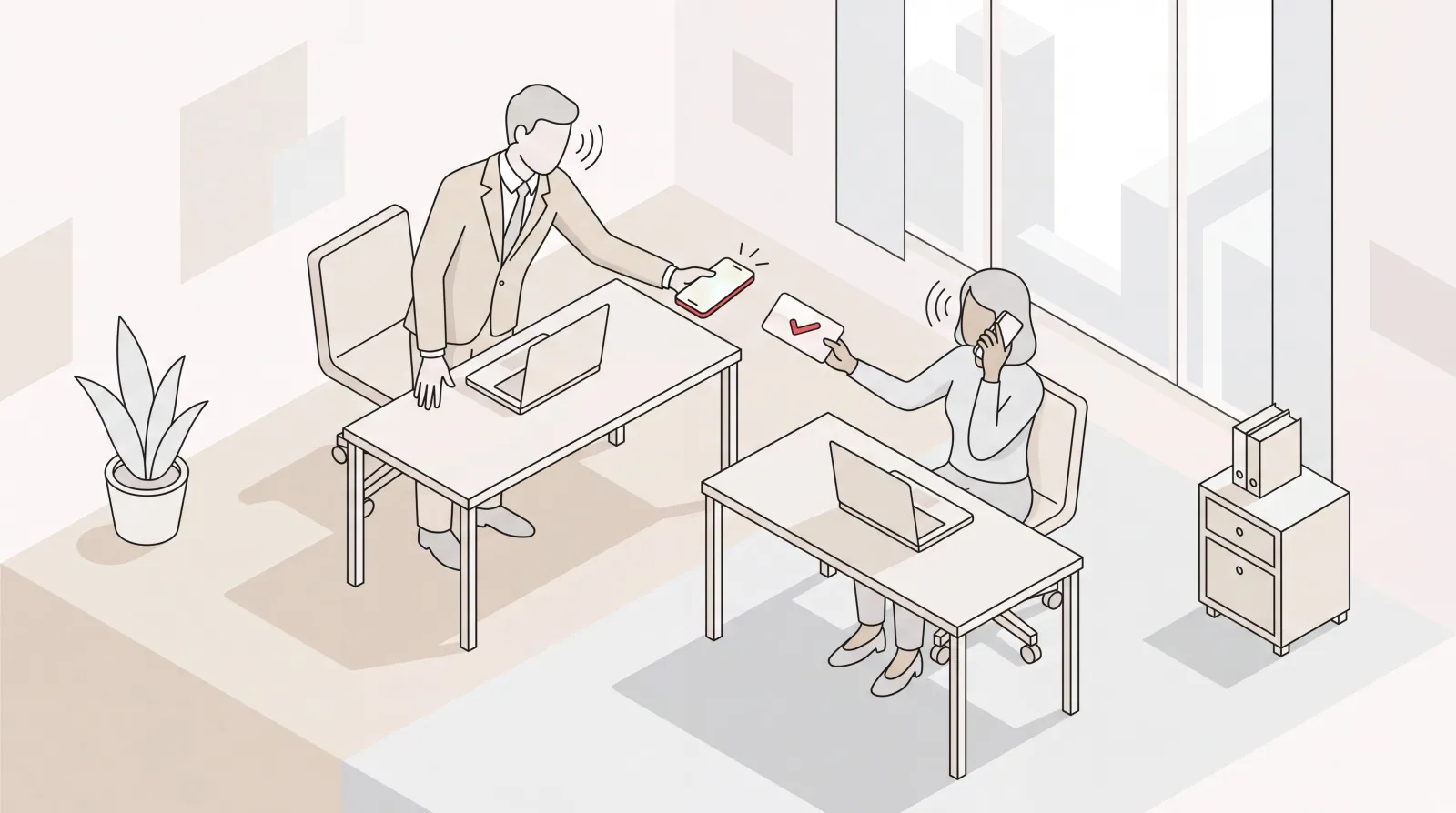 Virtual phone assistant scene: an executive hands off a call while an assistant dials out and returns with a confirmation