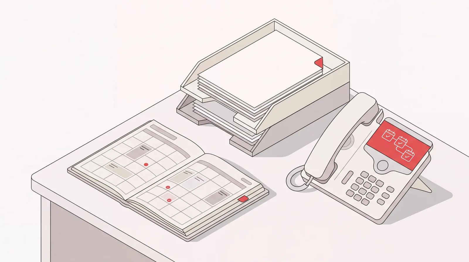Virtual secretary desk with an open appointment calendar, a sorted inbox tray and a desk phone taking a call