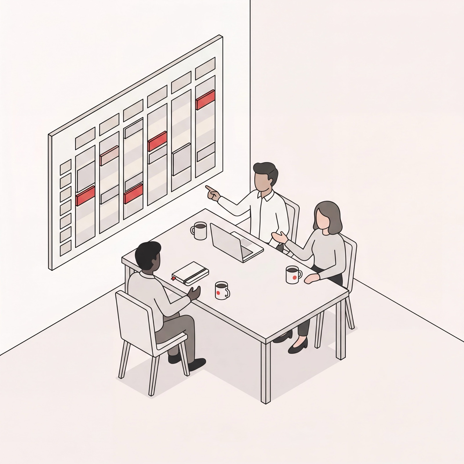 Team running a well-structured staff meeting beside an organized weekly calendar of time-blocked agenda items