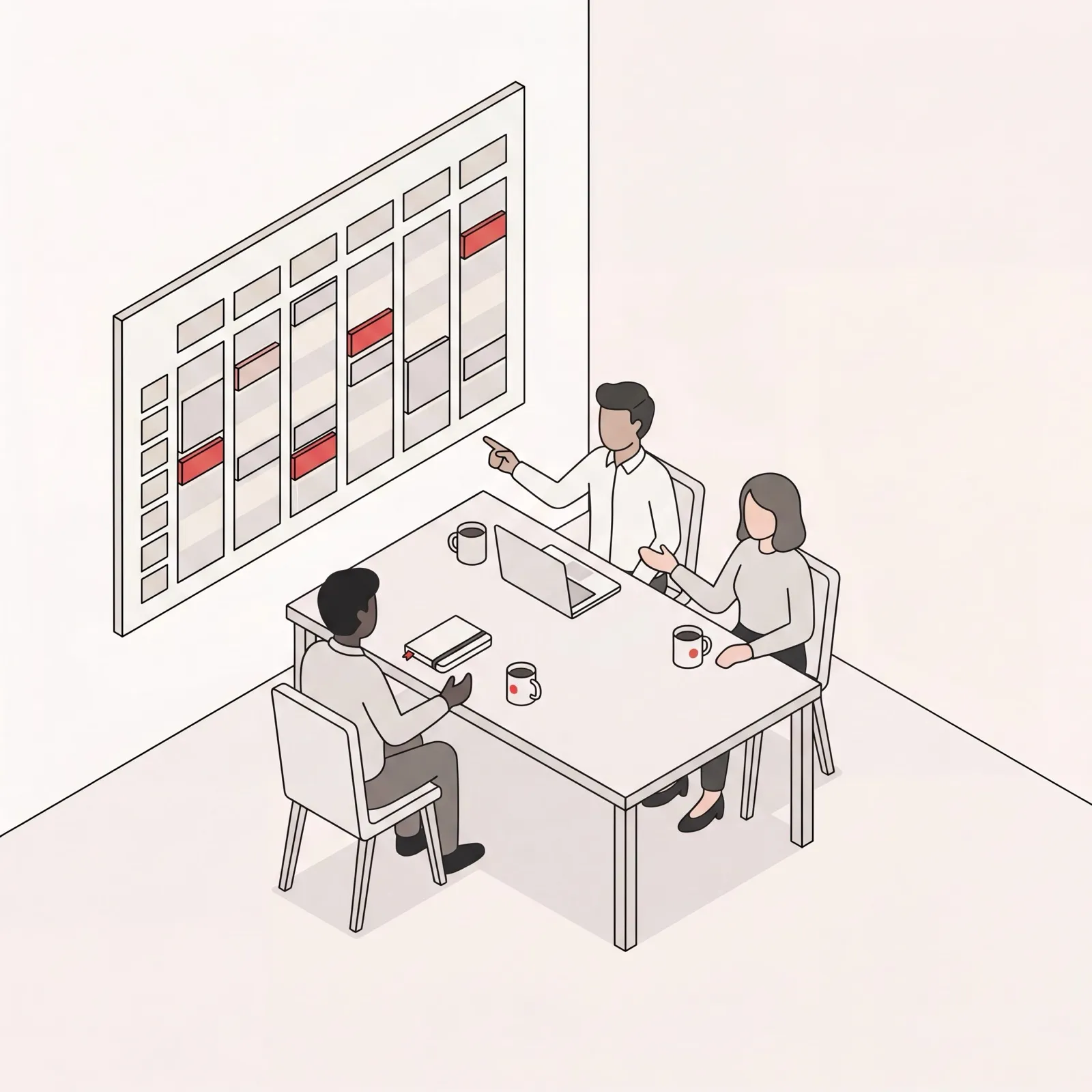 Team running a well-structured staff meeting beside an organized weekly calendar of time-blocked agenda items