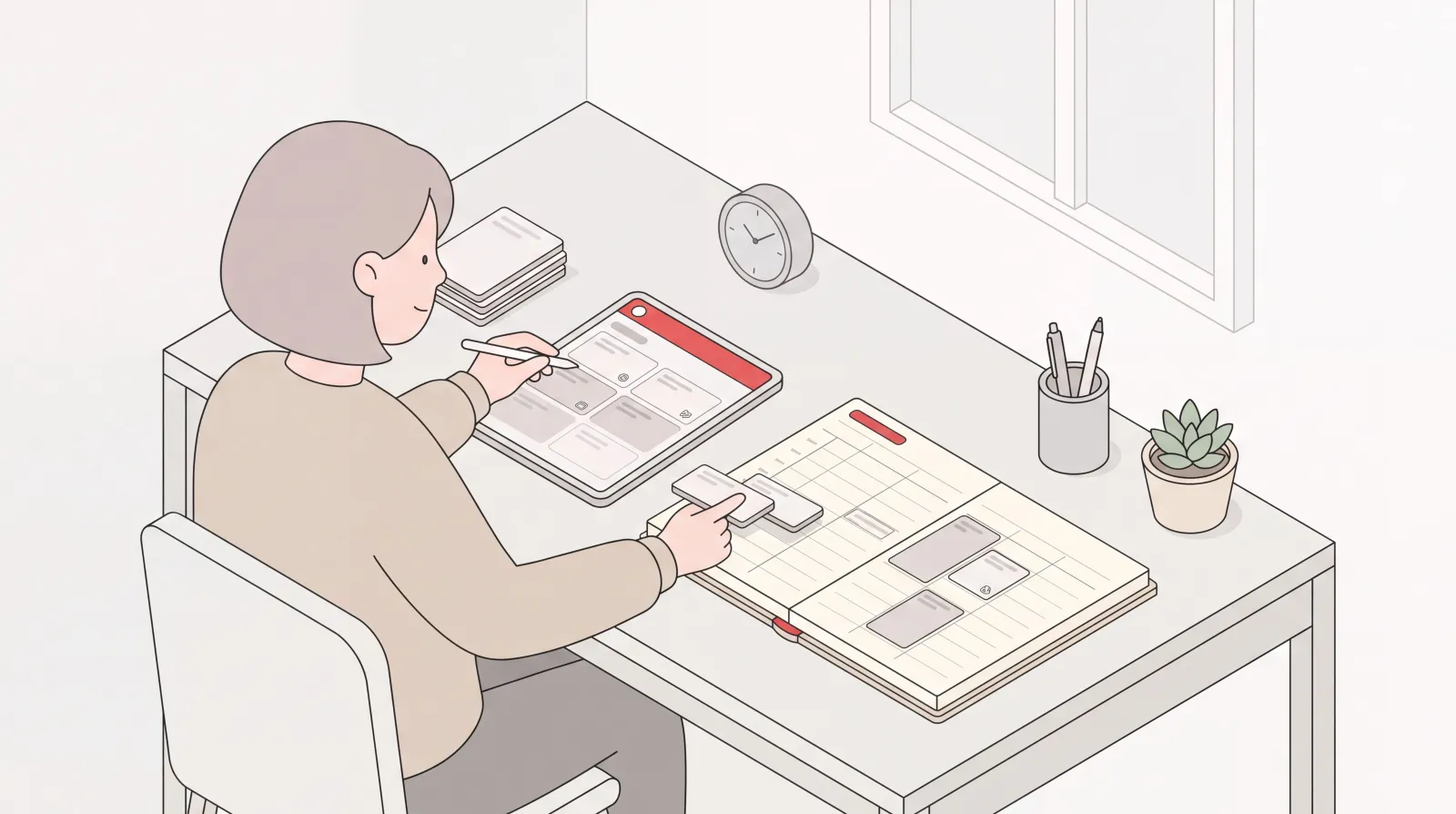 Desk workspace with a daily planning app placing tasks into timed calendar blocks