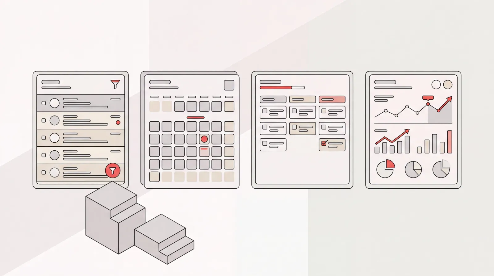 Four app panels showing an inbox, calendar, tasks and a dashboard beside two stepped tiers, for a Superhuman review