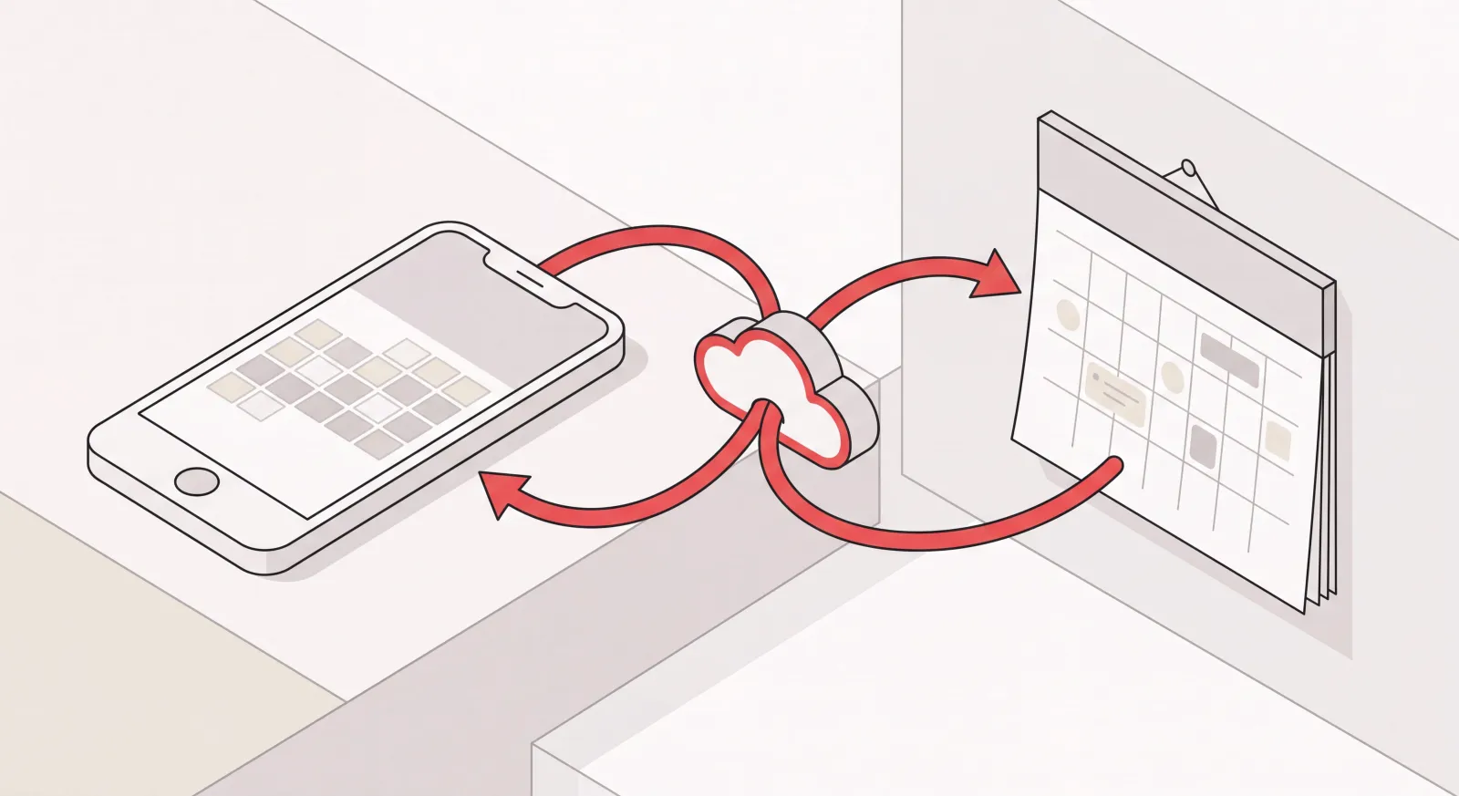 Smartphone and wall calendar with arrows looping between them, showing Google Calendar syncing with iPhone