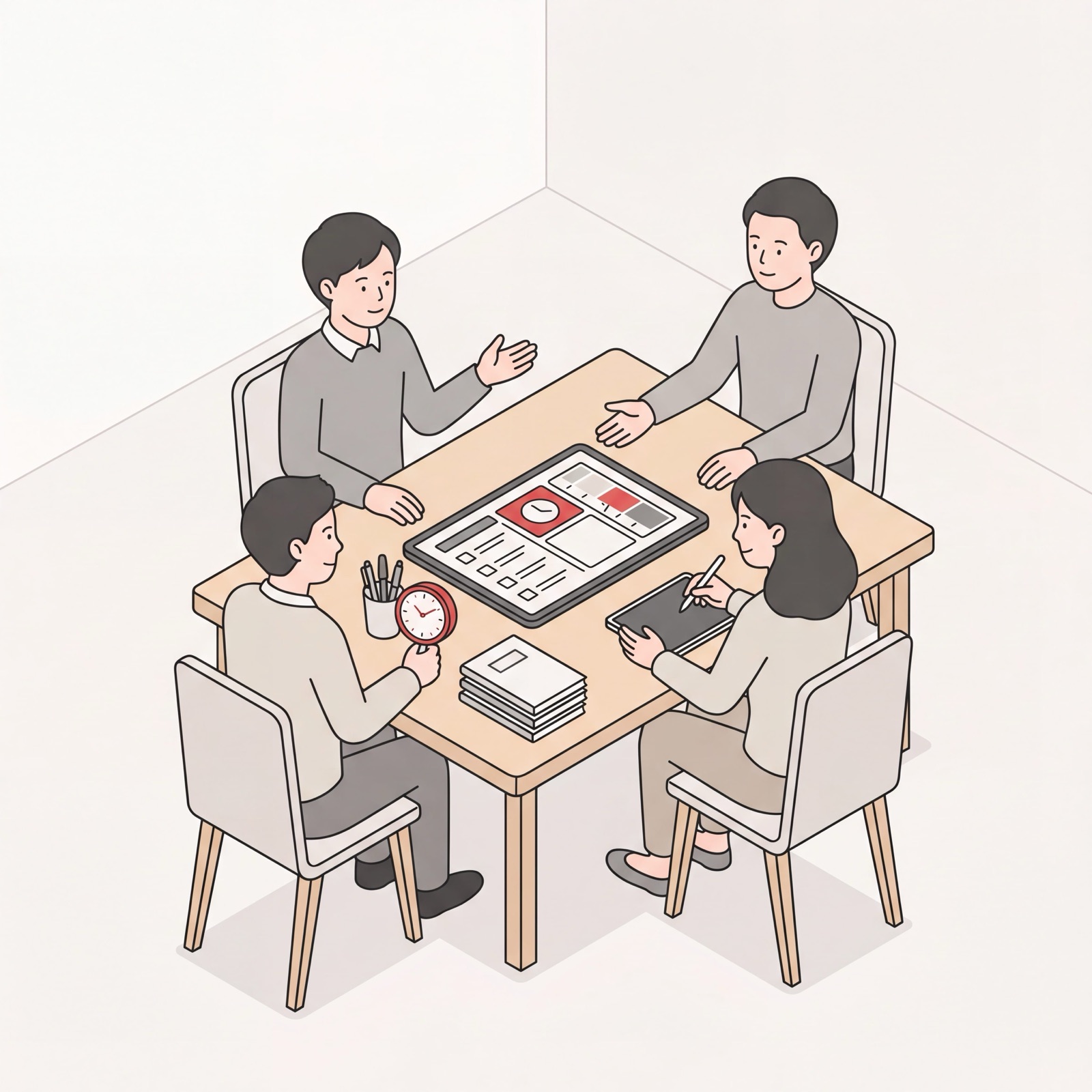 Organized team meeting with a structured, time-boxed agenda template displayed on screen