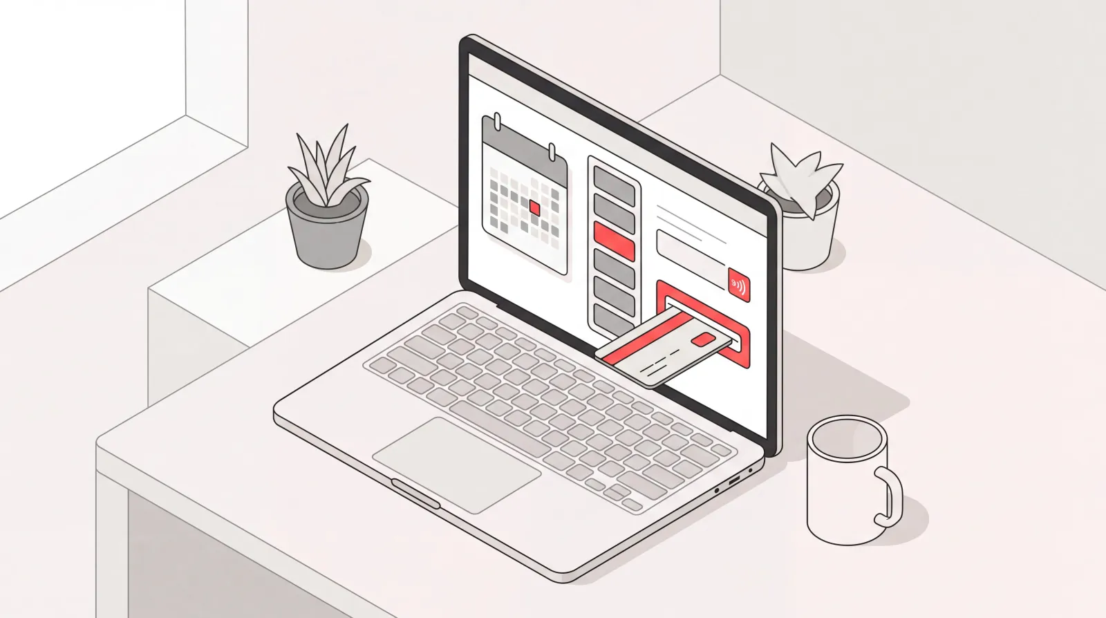 TidyCal review: a booking page on a laptop showing open time slots beside a calendar, with card payment collected