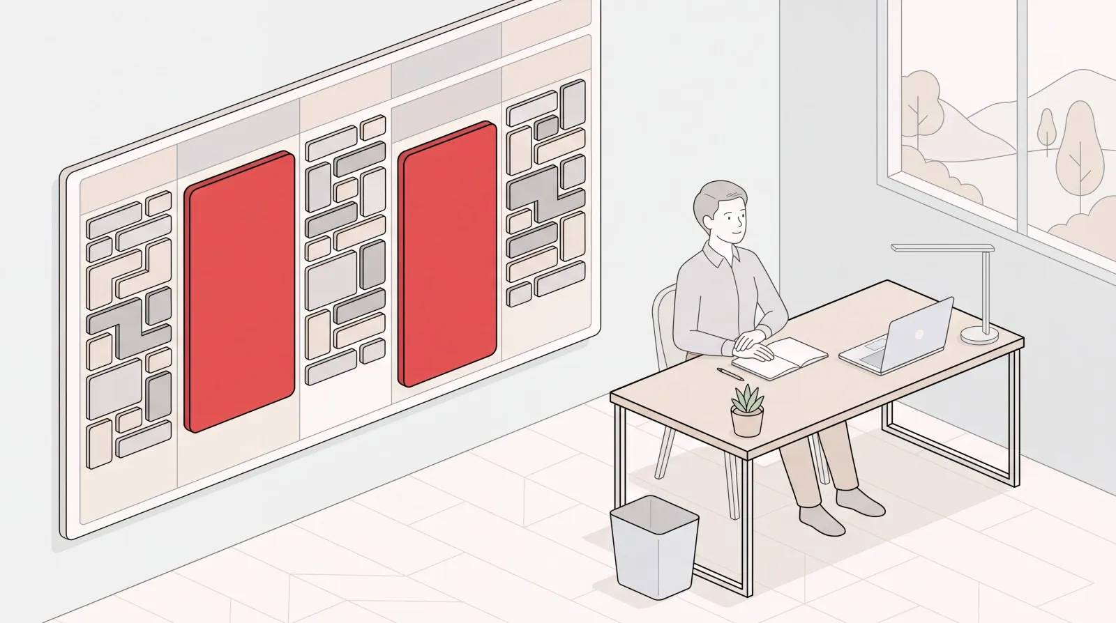 Executive at a calm desk beside a weekly calendar where two large deep work blocks stand out among small meetings