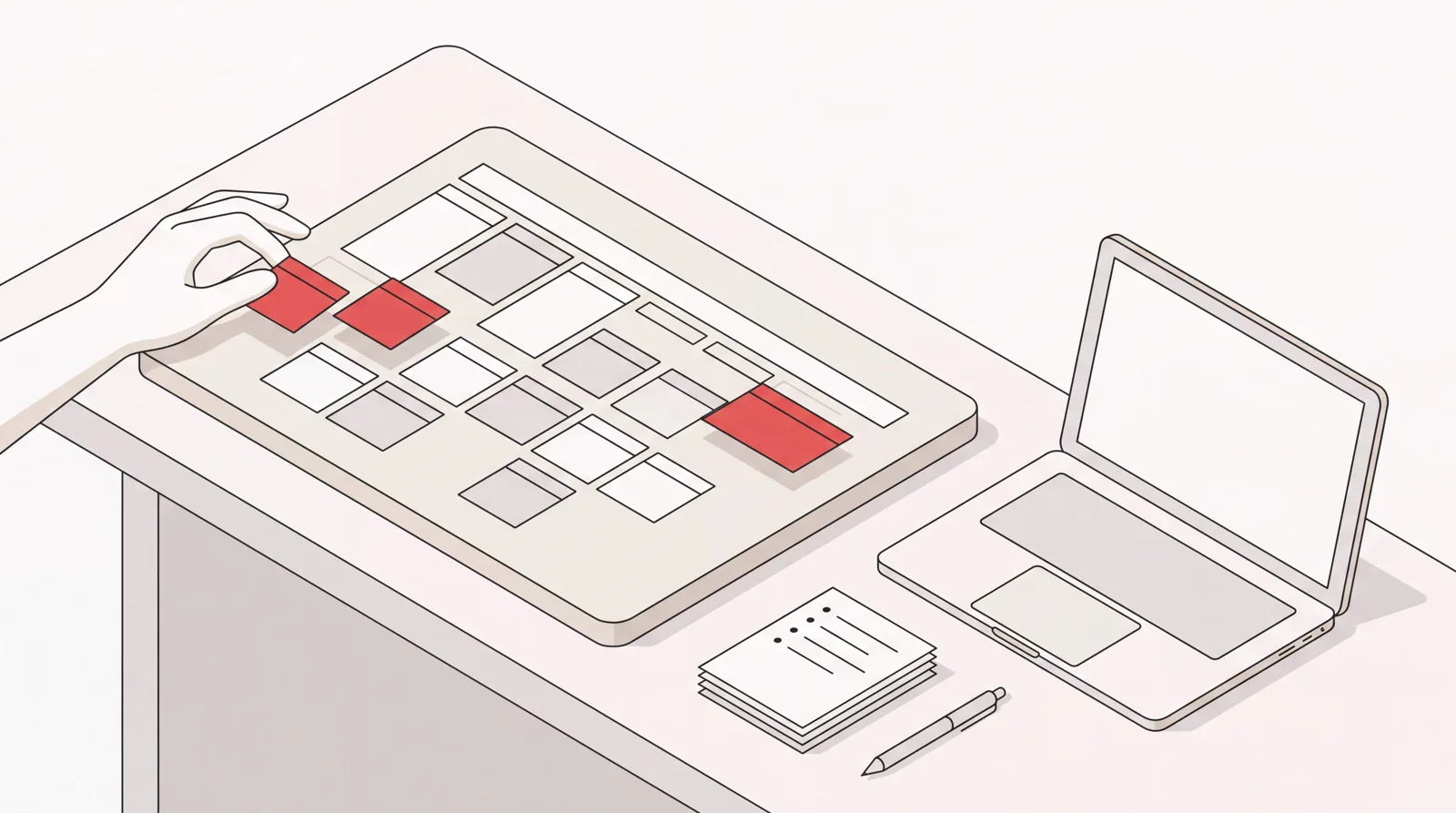 Isometric desk scene with a weekly calendar board, time blocks being lifted away, a laptop and a task list