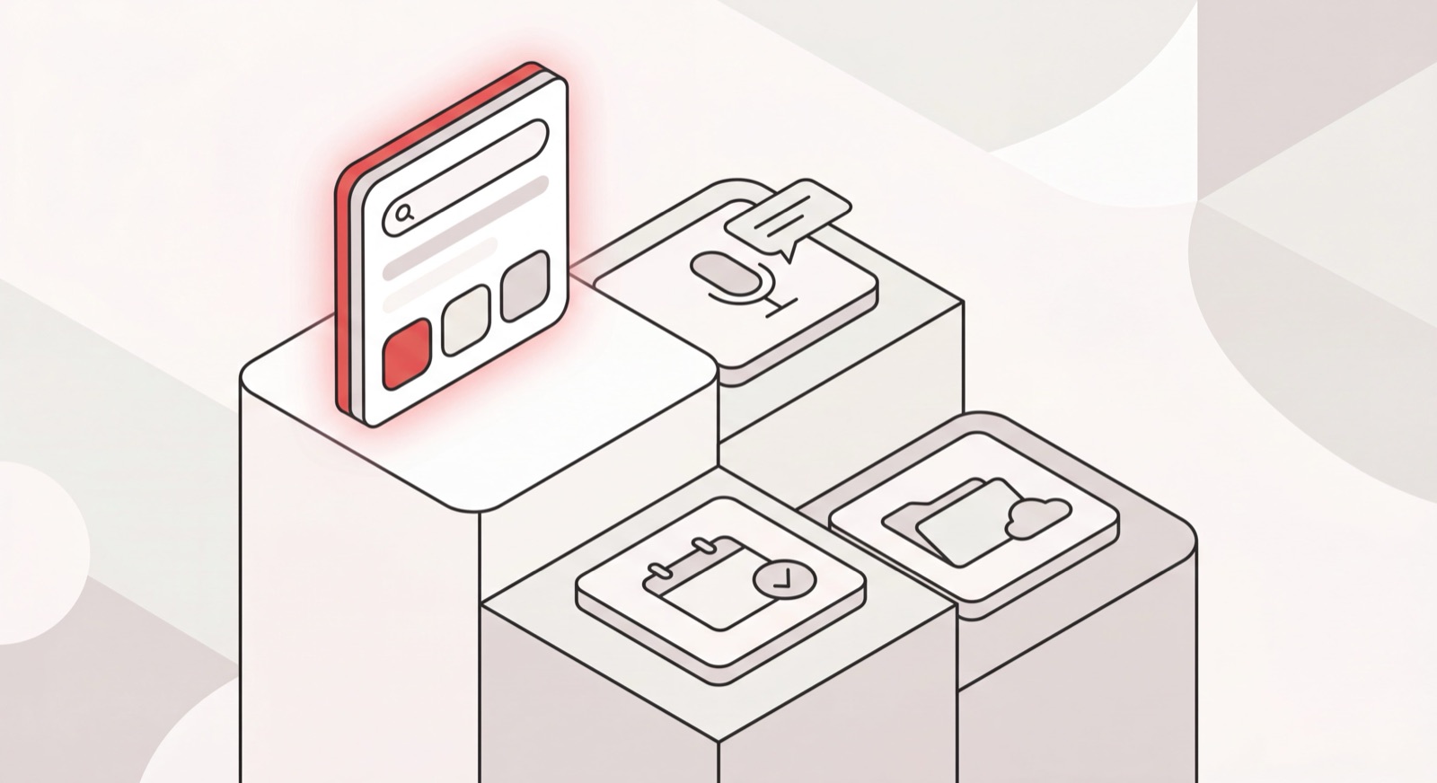Isometric ranking podium of AI assistant app cards with the top assistant highlighted