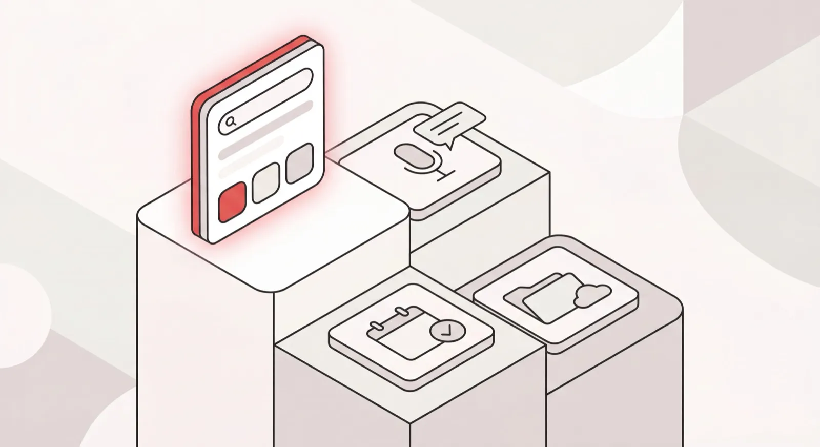 Isometric ranking podium of AI assistant app cards with the top assistant highlighted