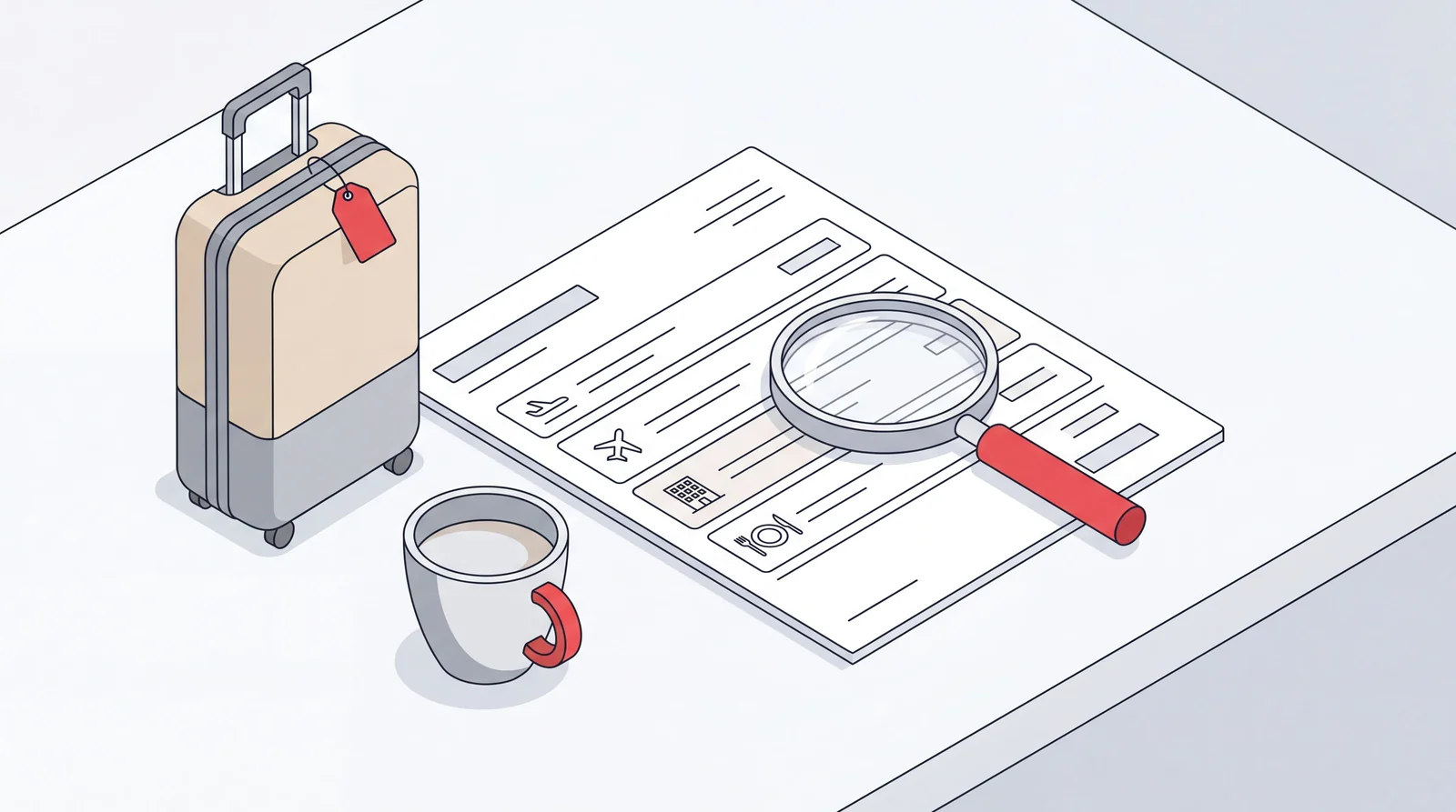 Itemized travel management company invoice under a magnifying glass, beside a suitcase and coffee cup