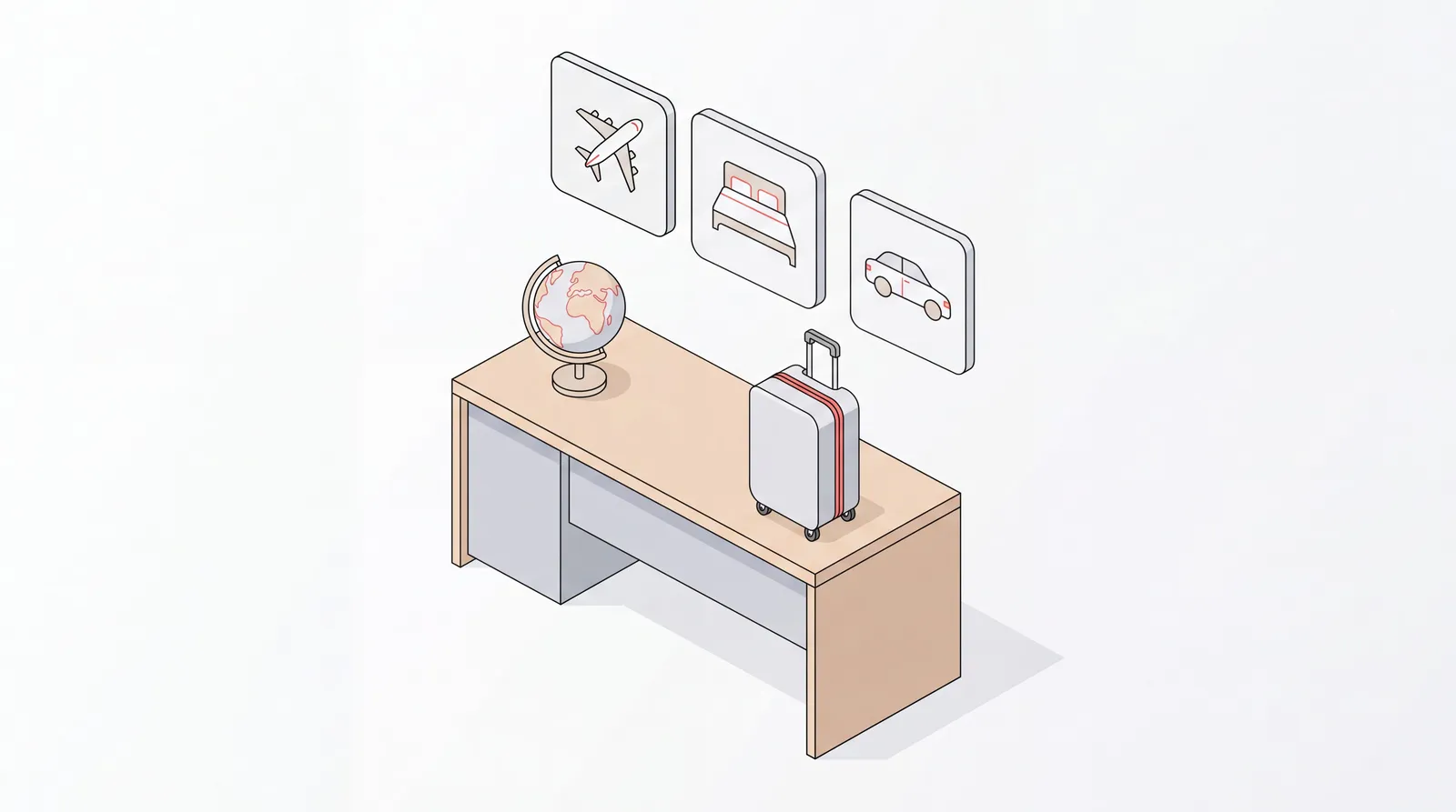 Isometric desk with a globe, suitcase, and floating flight, hotel, and car cards for corporate travel management