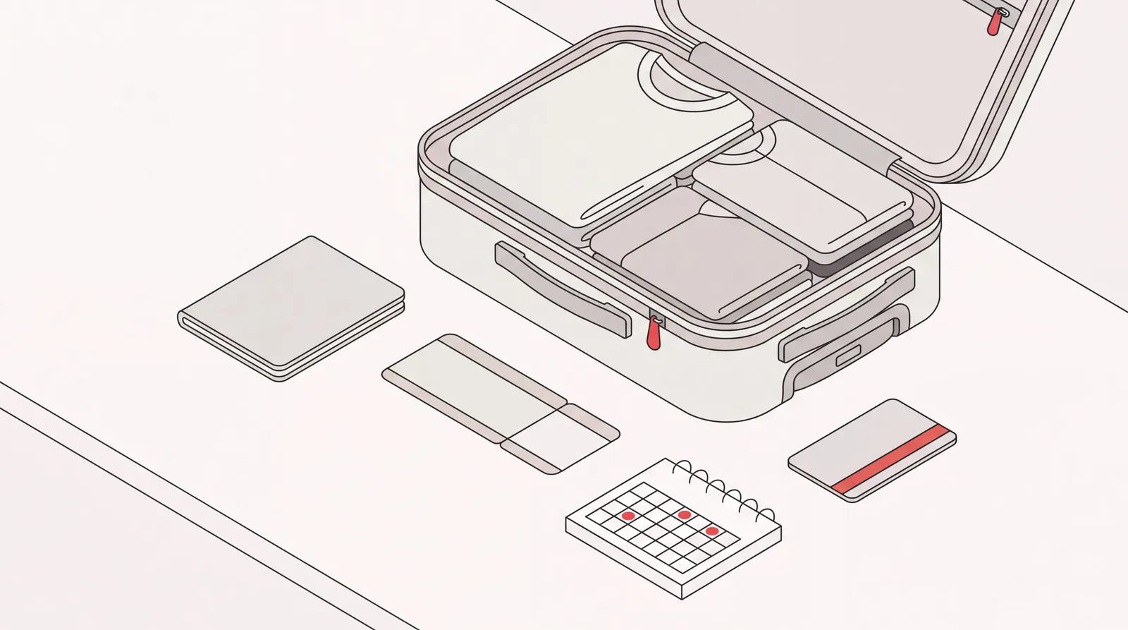 Business travel checklist essentials laid out: packed carry-on suitcase, passport, boarding pass, calendar and key card