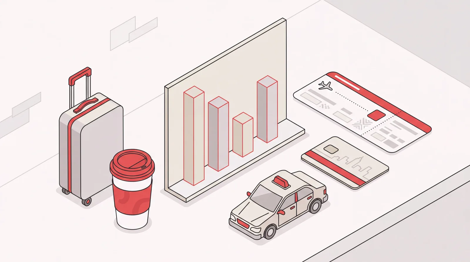 Isometric desk scene with suitcase, coffee cup, taxi, boarding pass and a bar chart of business travel costs