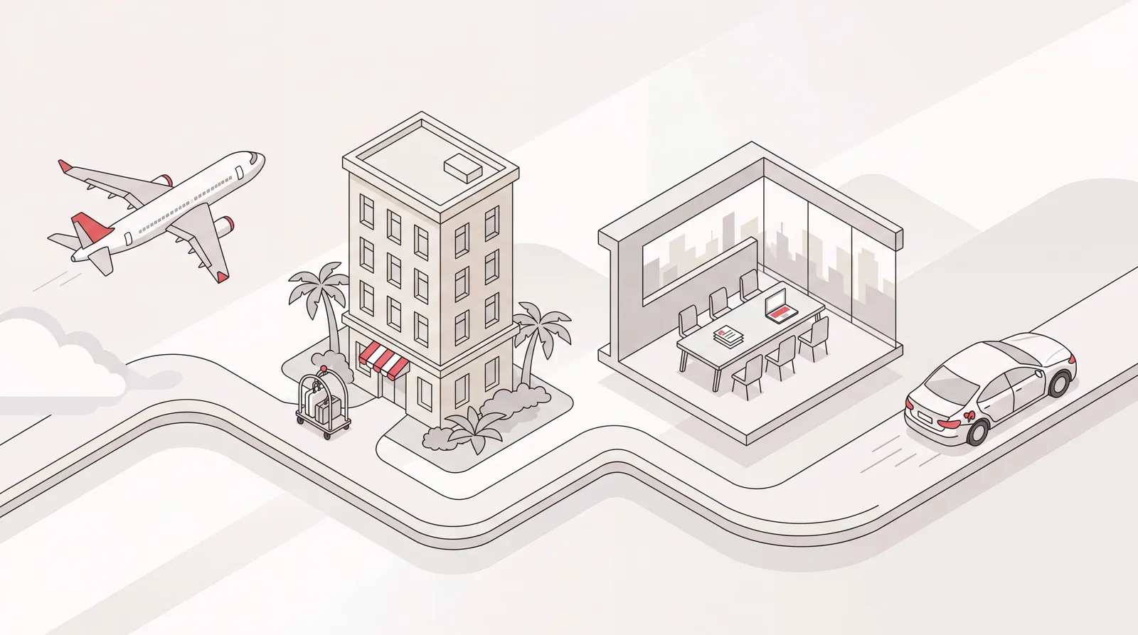 Business travel itinerary timeline showing a flight, hotel, meeting room and car ride as the stops of a work trip