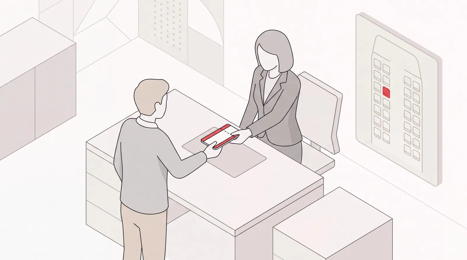 Two colleagues at a desk handing over a boarding pass while booking a flight for someone else, seat map nearby