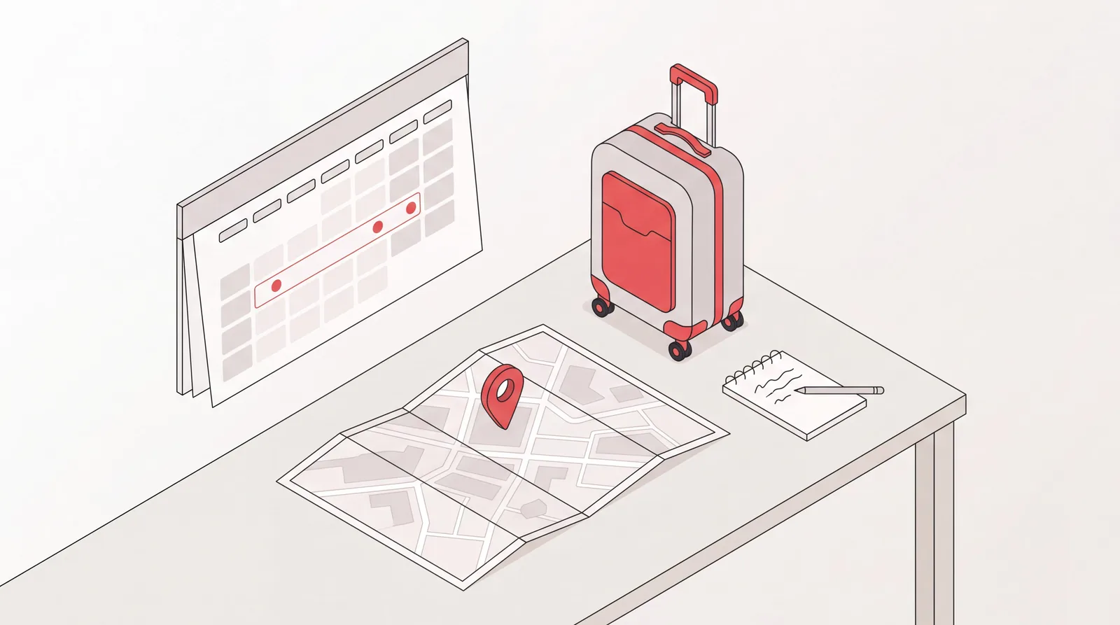 Desk with a calendar marking trip dates, a city map with a pin, a carry-on bag and notepad for a business trip plan