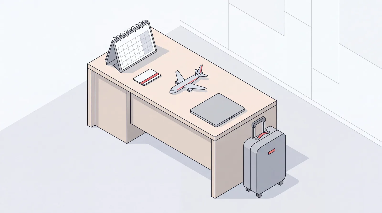 Isometric desk with a calendar, plane, hotel key card and suitcase for executive assistant business travel
