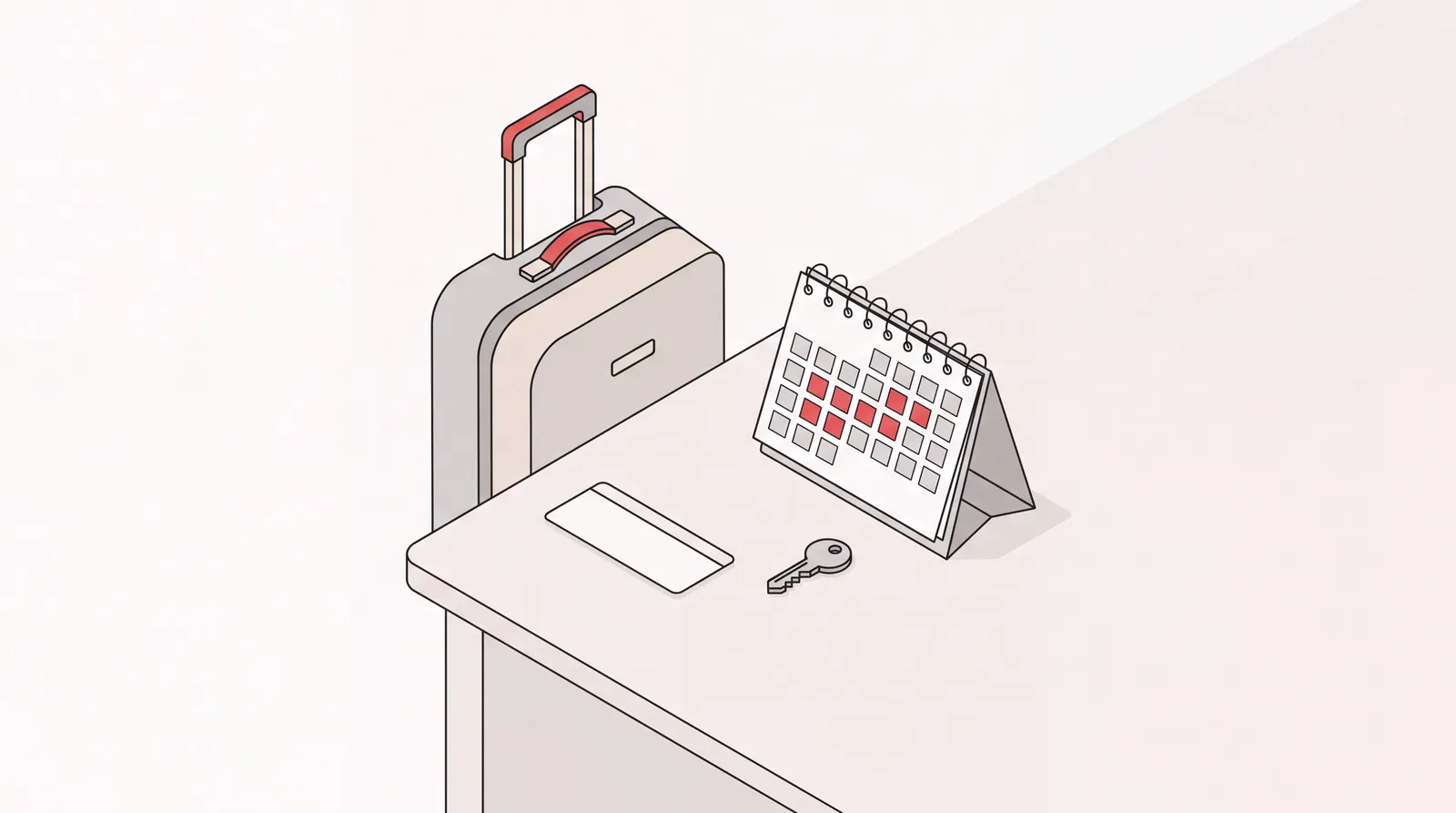 Suitcase, boarding pass, hotel key and calendar on a desk illustrating corporate travel management