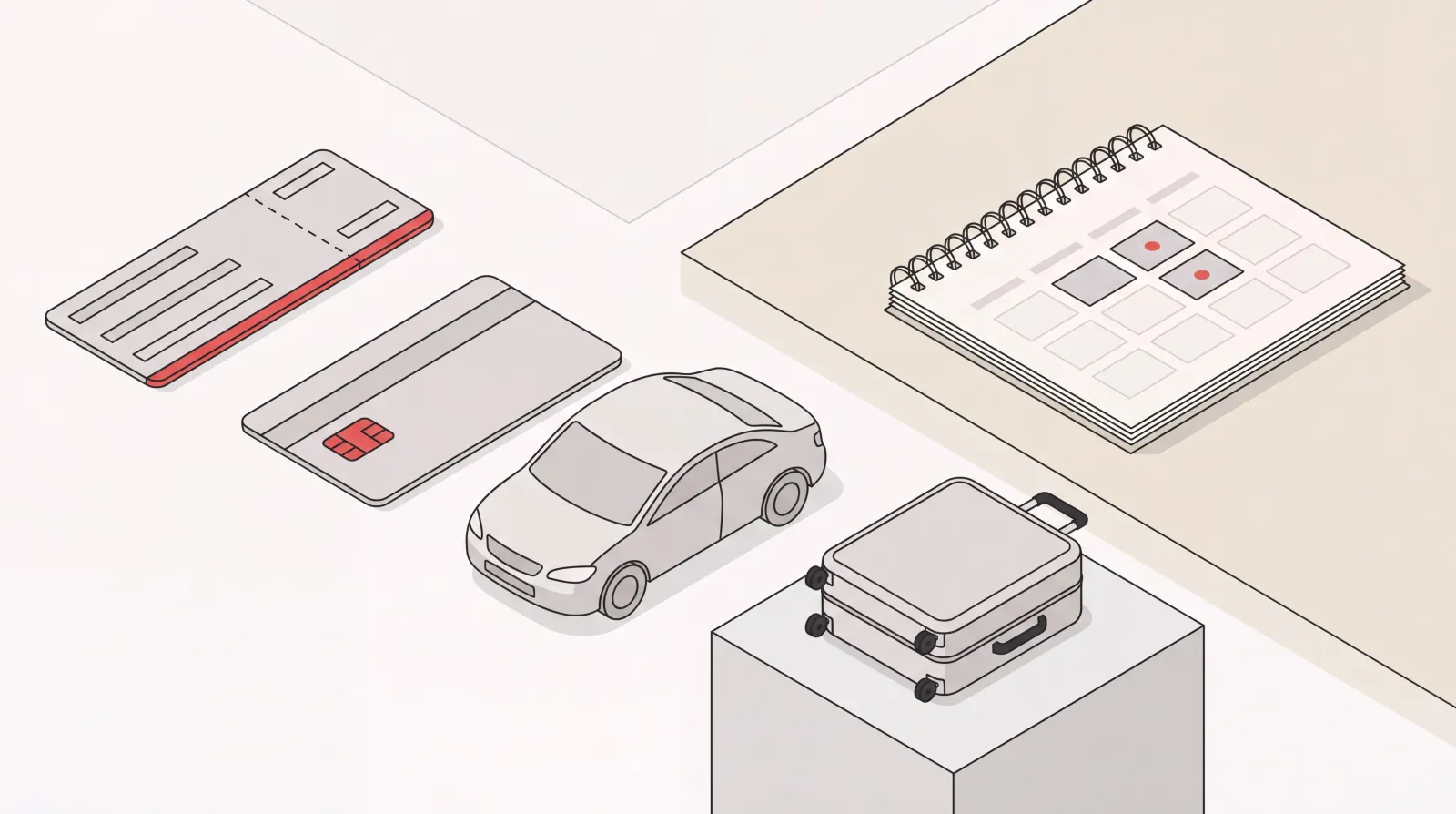 Boarding pass, hotel key card, and car lined up beside a calendar showing a two-day business trip