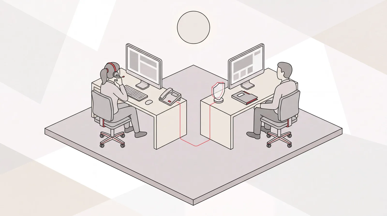 Isometric office scene with a US-based virtual assistant on a headset call beside an executive at a shared desk