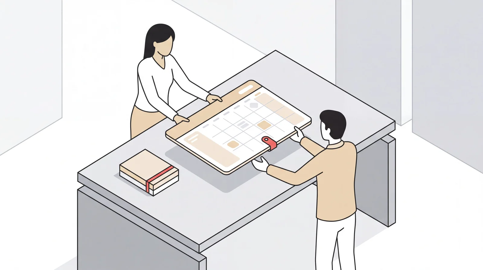 Two people handing a large calendar board across a desk, illustrating virtual assistant calendar management