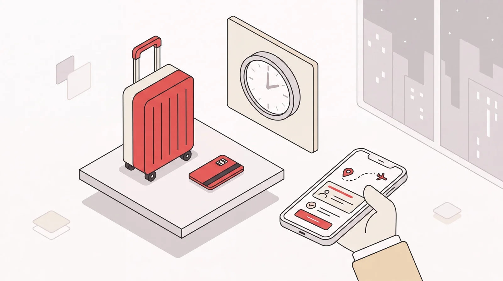 Suitcase, hotel key card, late-night clock and a phone rebooking a flight for virtual assistant travel planning