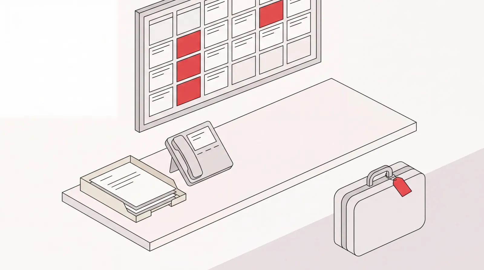 Isometric desk scene showing what an executive assistant does: calendar blocks, document tray, desk phone, and travel case