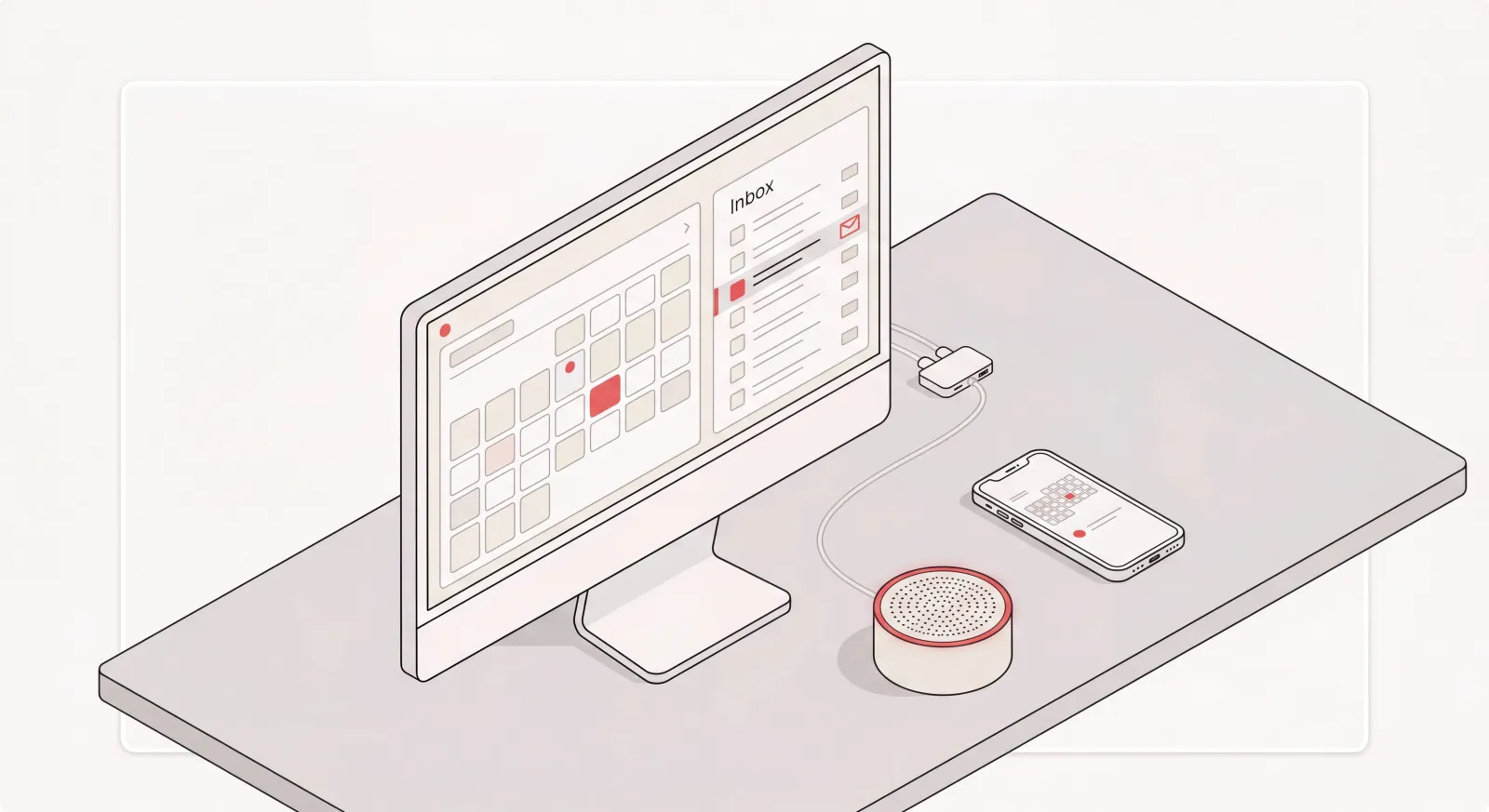 Tidy desk with a digital assistant managing an organized calendar, inbox, smartphone, and smart speaker