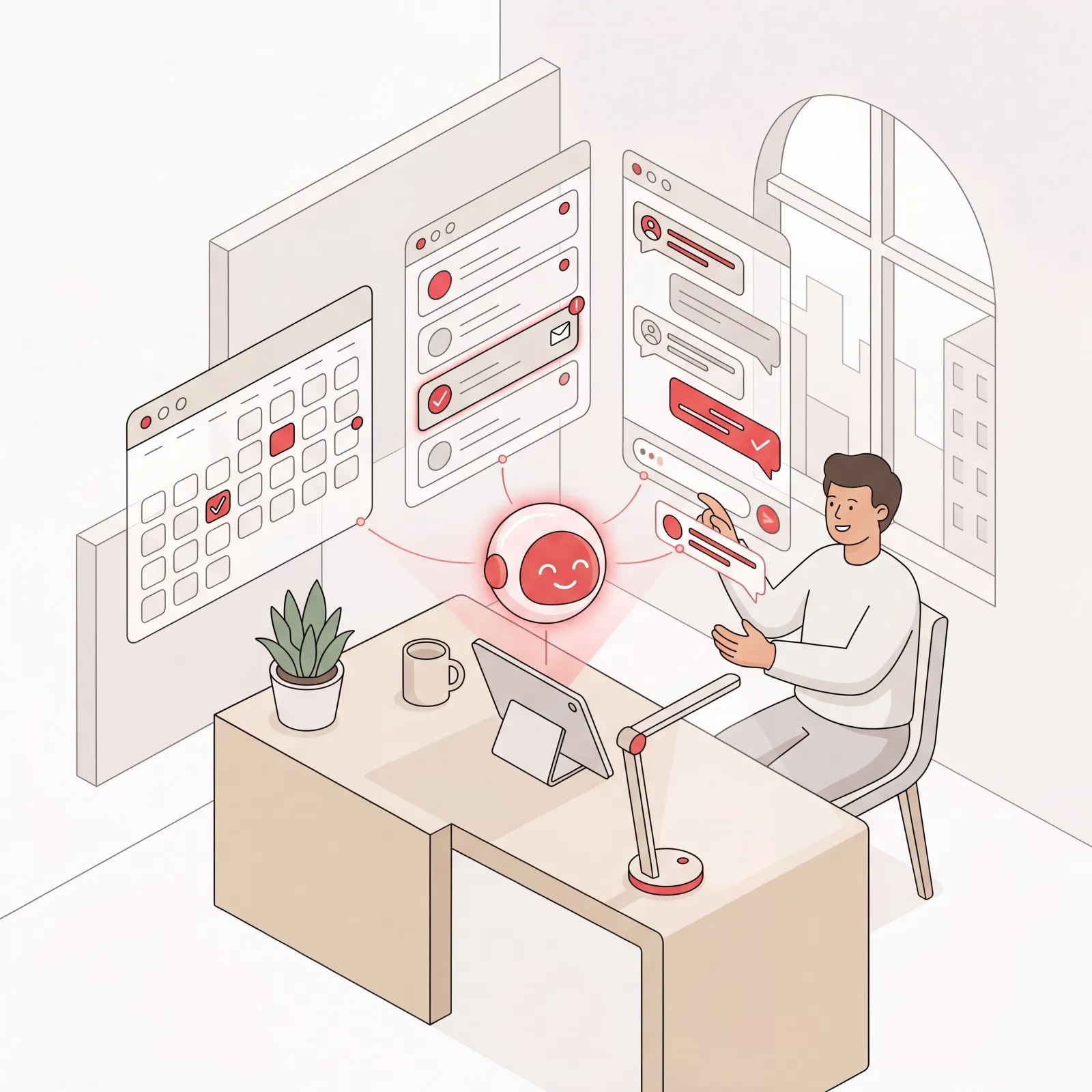Person at a calm desk delegating calendar, inbox, and chat tasks to an AI assistant