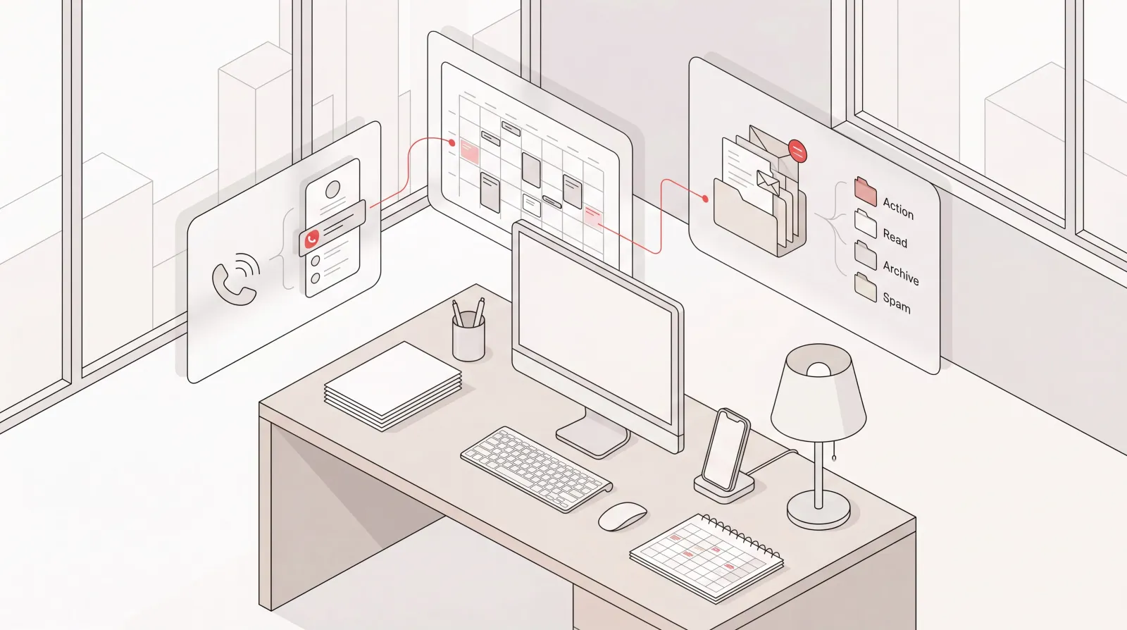 AI executive assistant managing a calendar, inbox, and phone bookings on a calm, organized desk