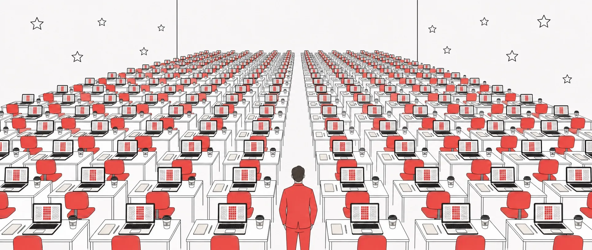 Illustration of a manager in a red suit standing alone in front of long rows of cubicles, each with an employee working on a red laptop — the AI wave happening all around the manager, not for them.
