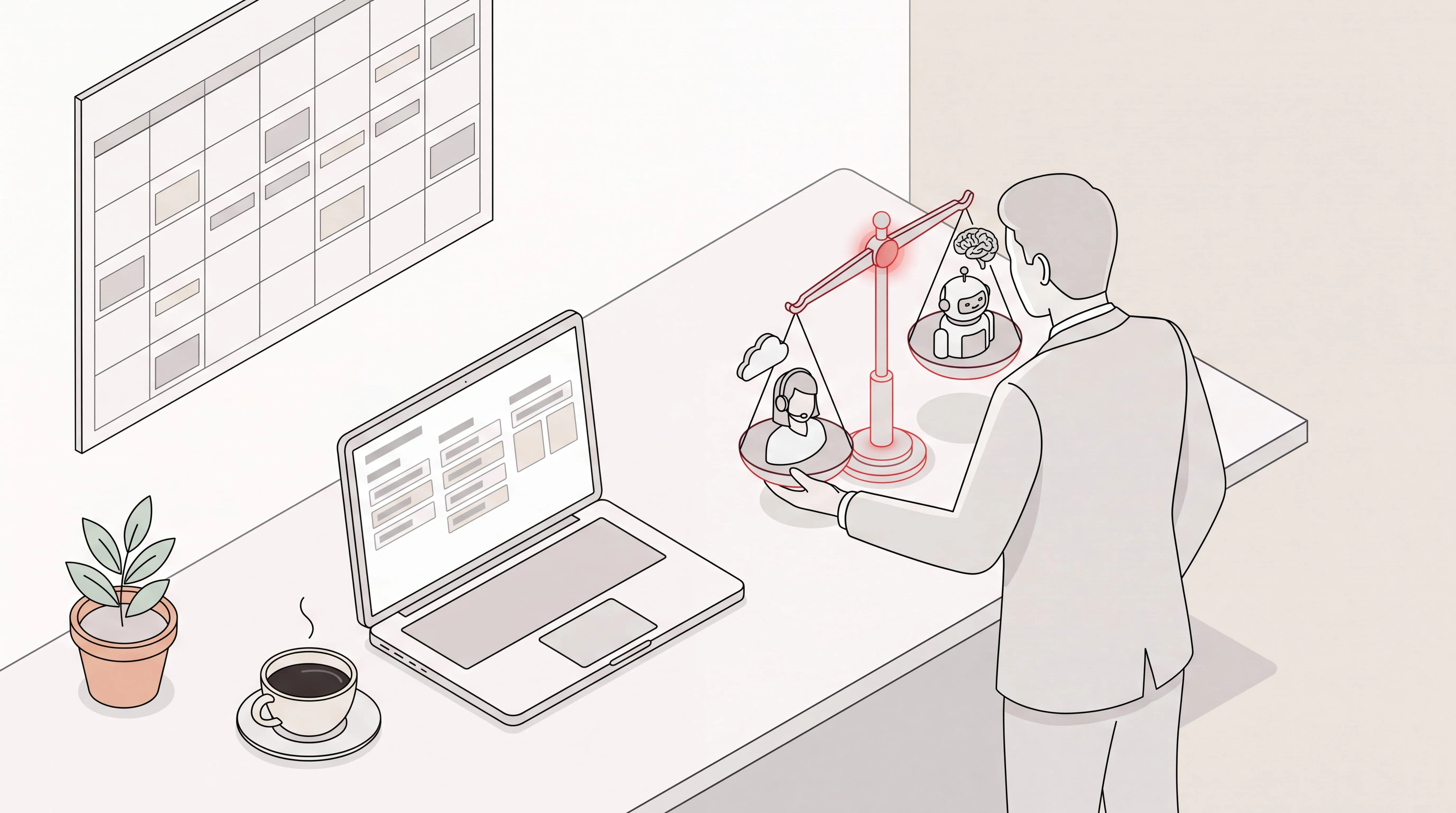 Executive weighing a human virtual assistant against an AI executive assistant, with a calendar and task board on screen
