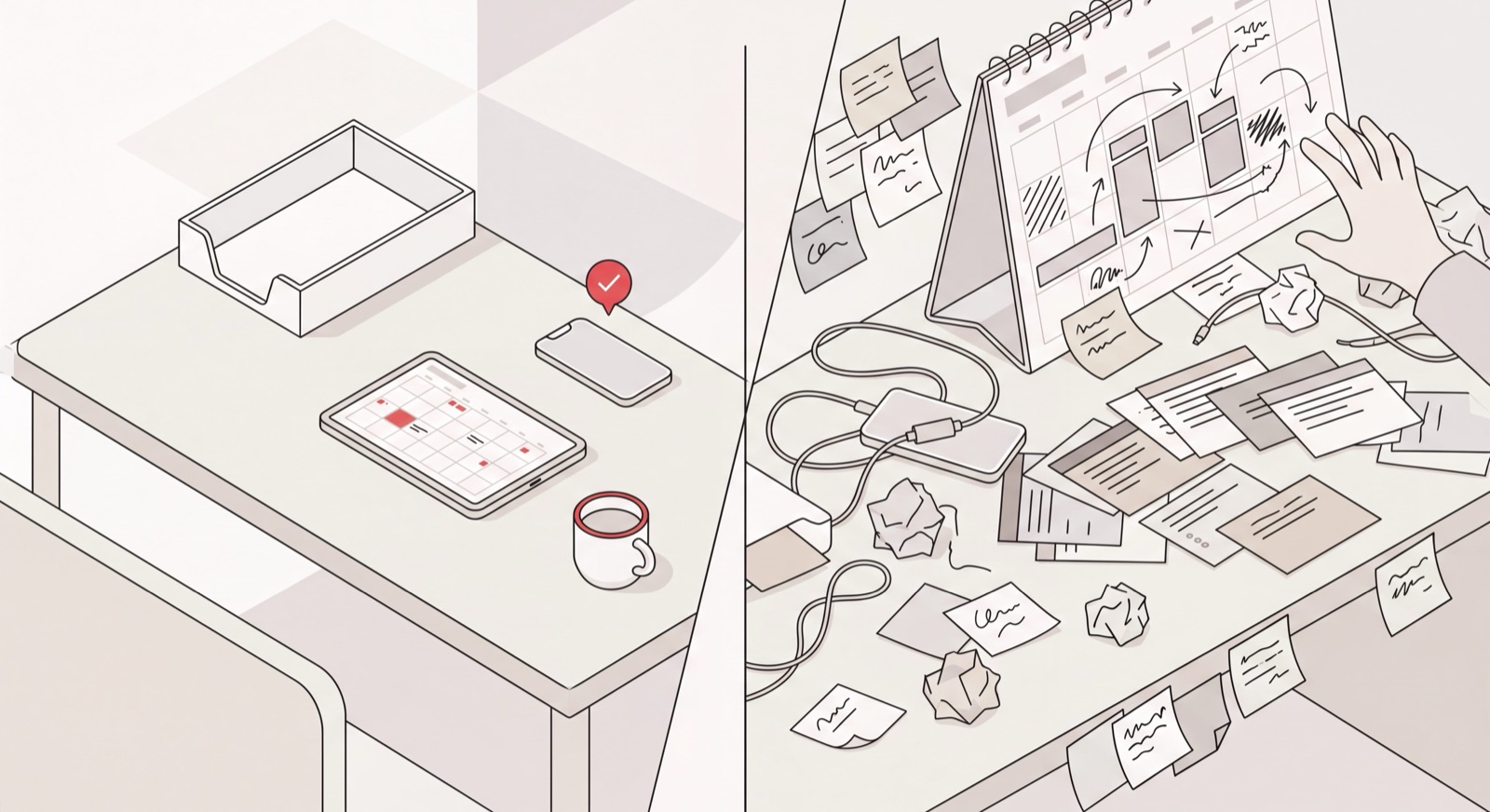 A calm workspace with admin handled by an AI assistant beside a cluttered manual time-blocking desk, illustrating Akiflow alternatives