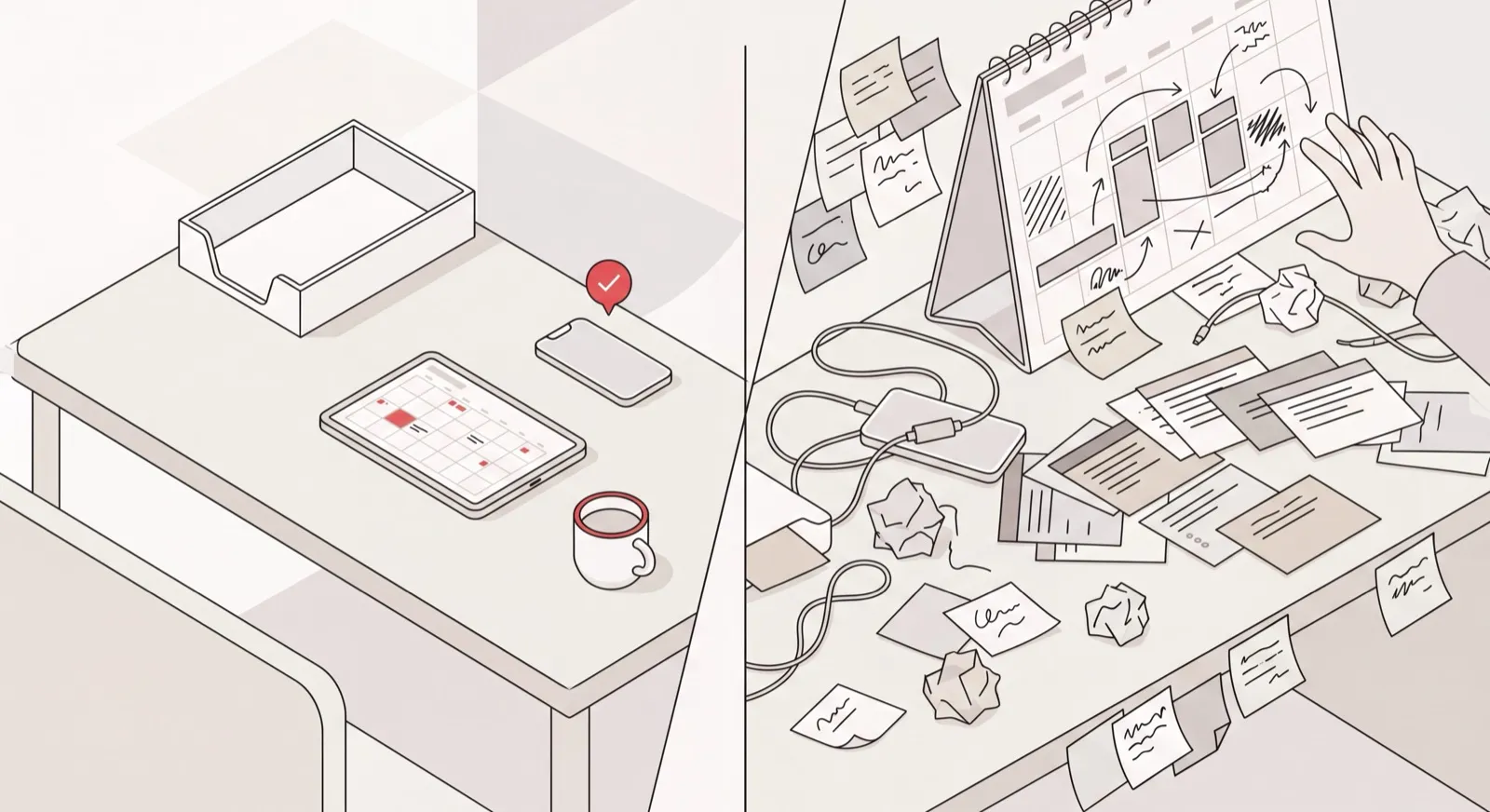 A calm workspace with admin handled by an AI assistant beside a cluttered manual time-blocking desk, illustrating Akiflow alternatives