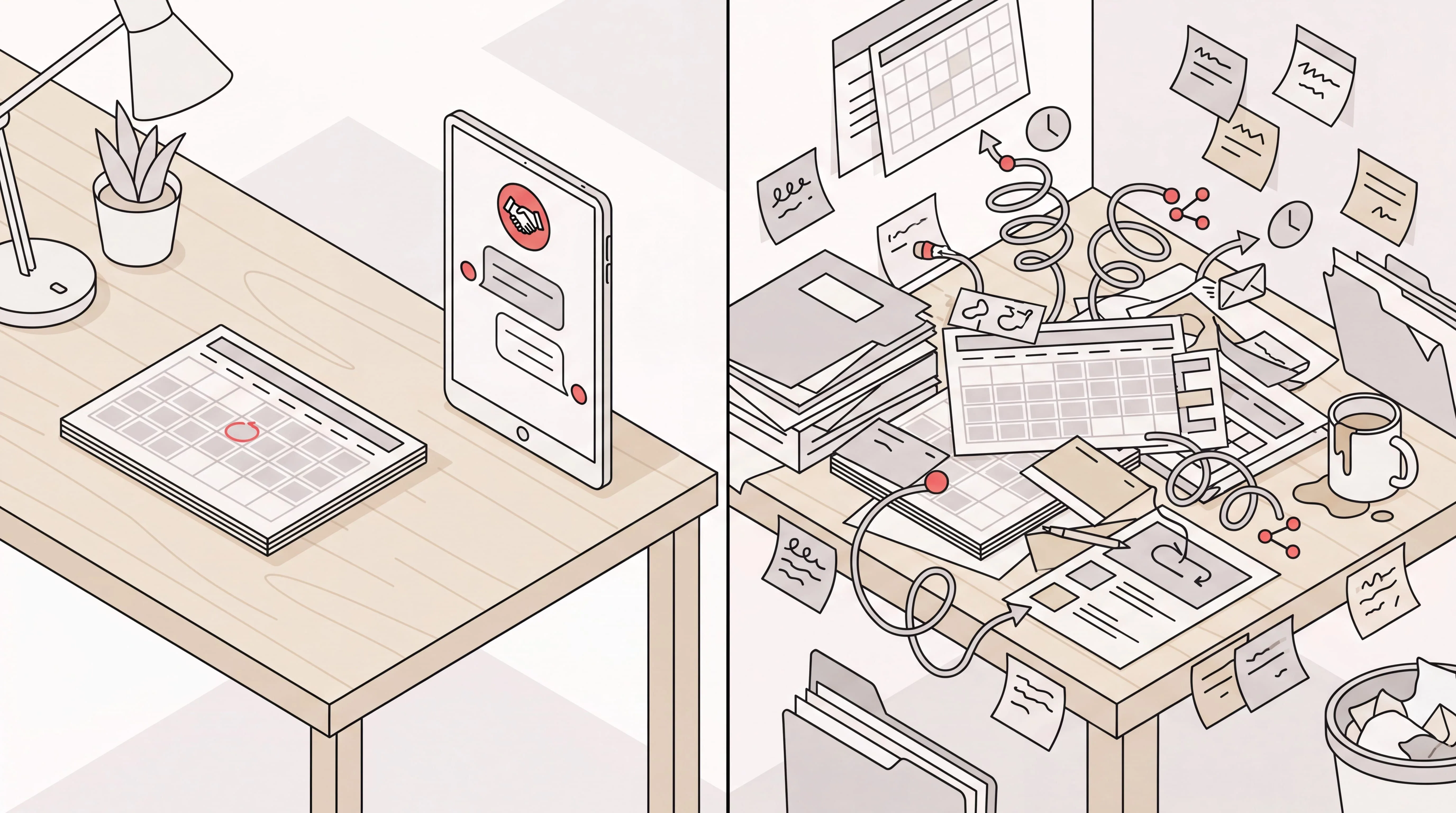 Calm desk with one calendar and an AI assistant chat beside a cluttered desk buried in tangled booking links