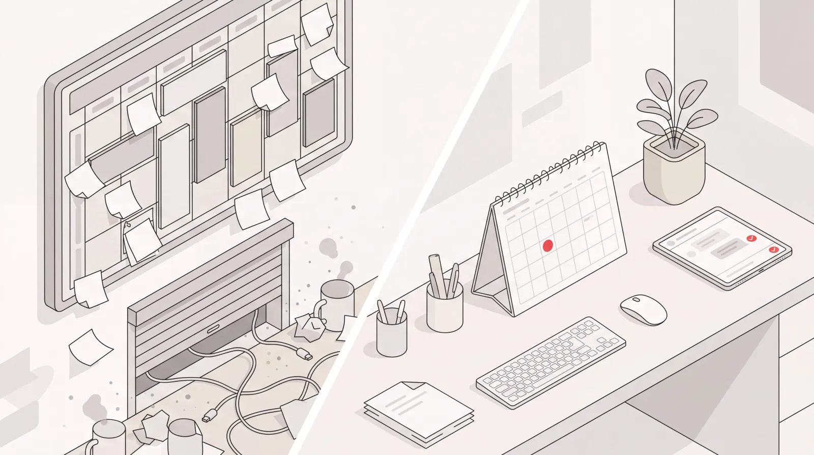 Abandoned cluttered calendar board beside a calm modern desk, illustrating where to go after the Clockwise shutdown