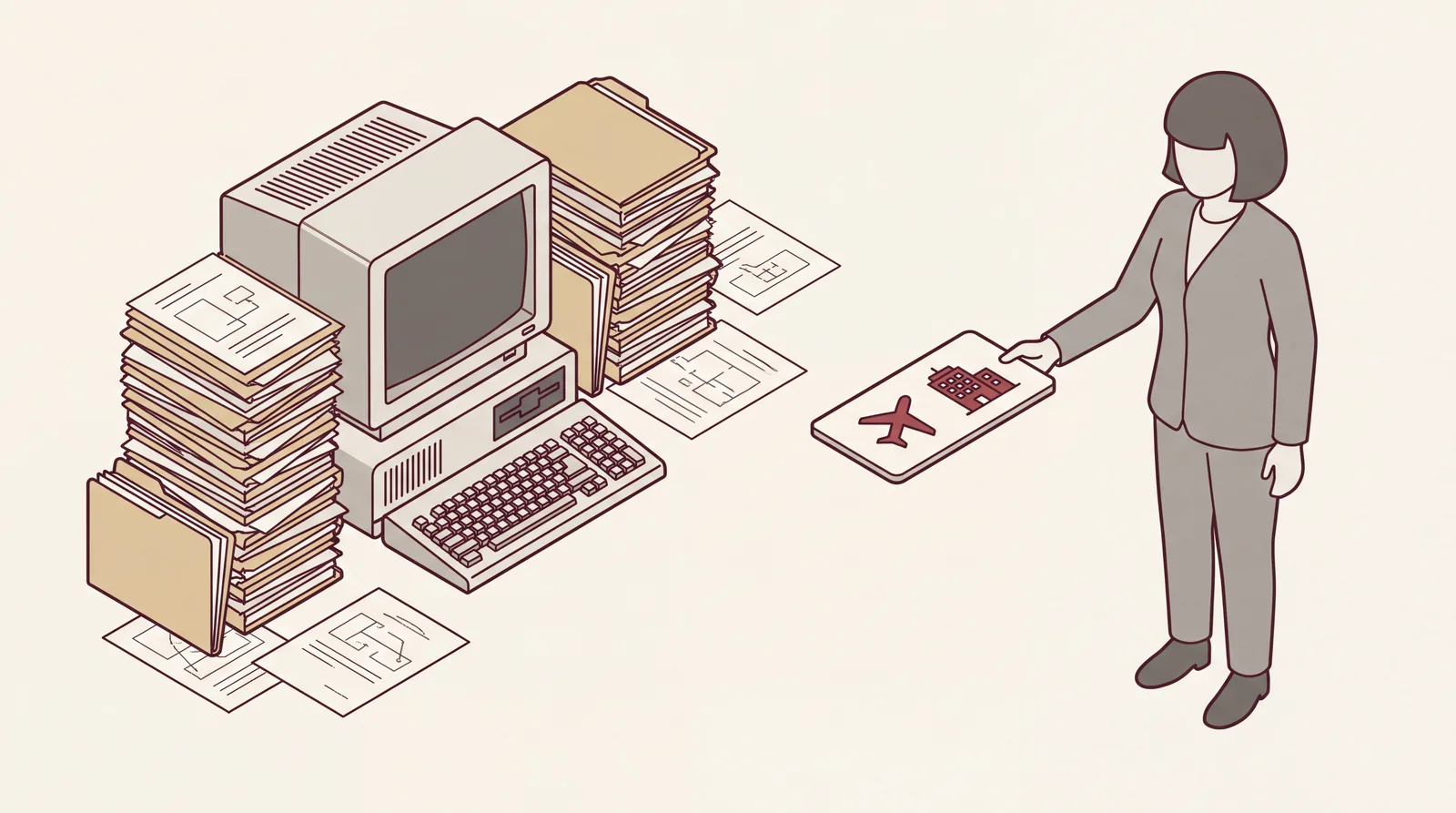 Cluttered old hotel booking terminal buried in paper beside an assistant handing over a booked flight and hotel